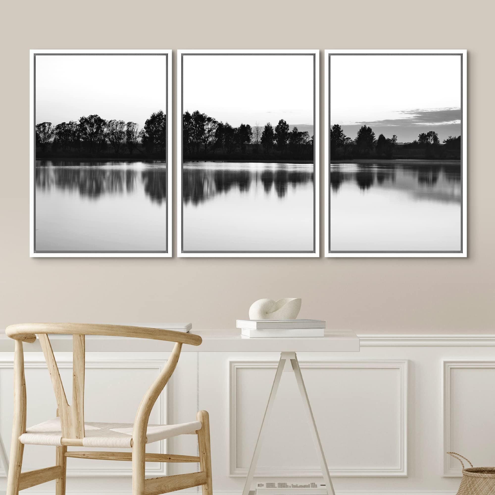 Nwt Framed Canvas Print Wall Art Set Black White Forest Lake Reflection Landscape Nature Wilderness Photography Art Rustic Sceni