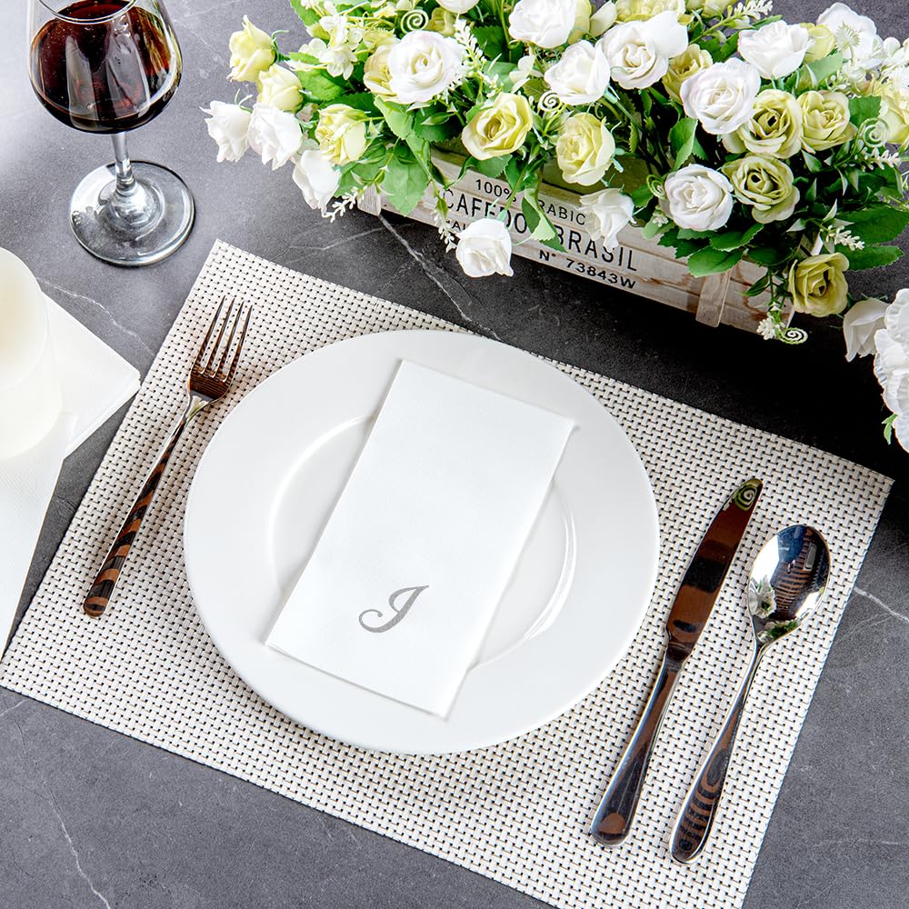 Luxenap 15.8 X 7.9 Inch Linen-Feel Guest Towels, 2000 Lettered Hand Towels - Silver Letter 'J', Cursive Font, White Paper Dinner