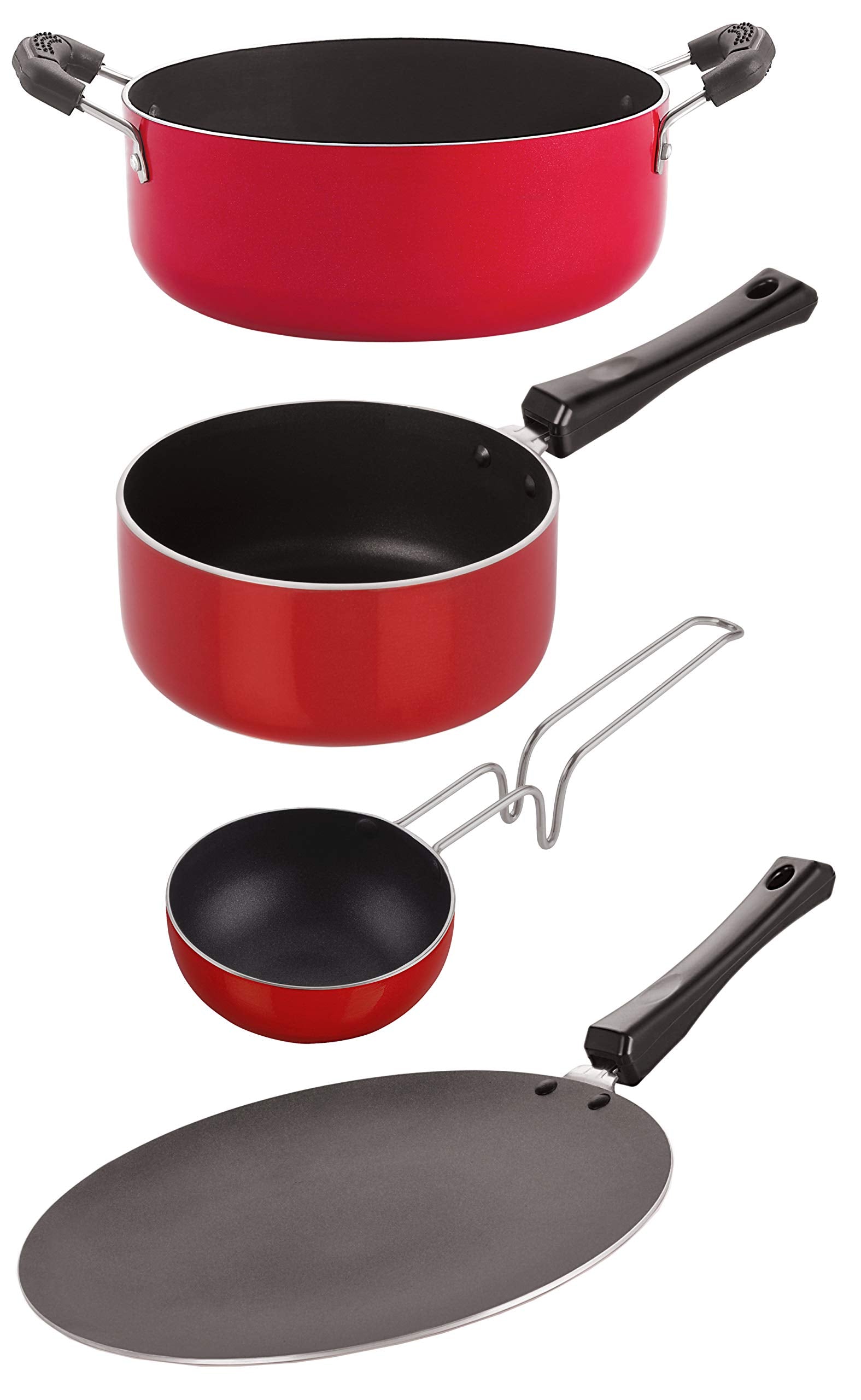 Nirlon Nonstick Kitchenware Cooking Utencil Gift 4 Pieces Set, Red (1 Concave Tawa 27.5Cm /1 Sauce Pan (B)1.8 Ltr/1 Vagariya 300