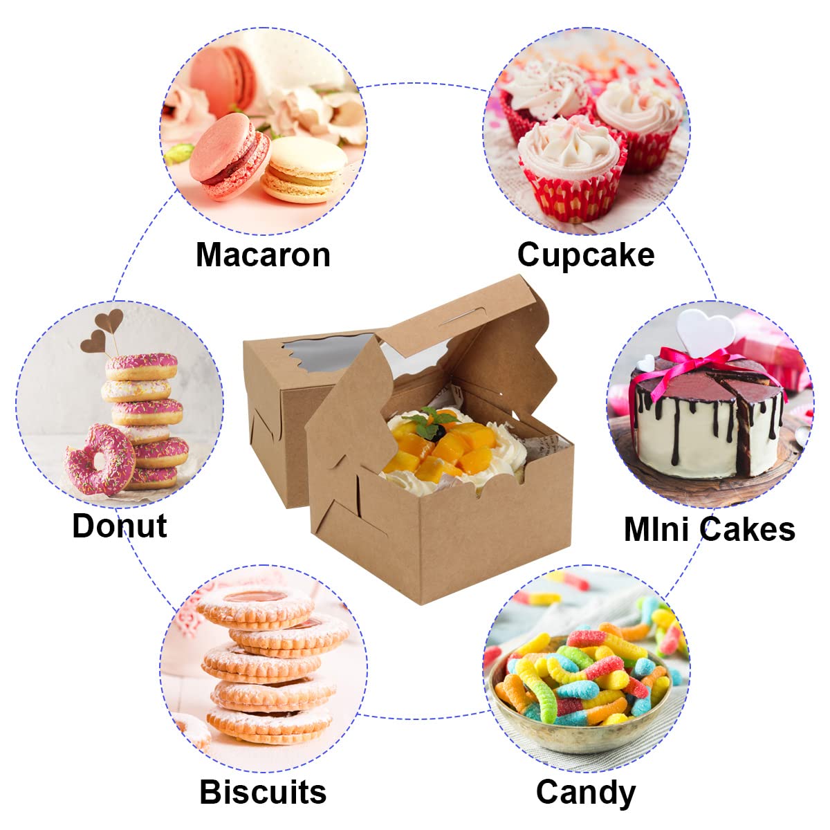 OAMCEG 100 PCS Bakery Boxes with Window and Stickers 4x4x3 Inch Individual Cupcake Boxes Pastry Boxes Cookie Boxes Small Cake Boxes Carrier Holders Containers for Packaging  Mini Dessert Boxes