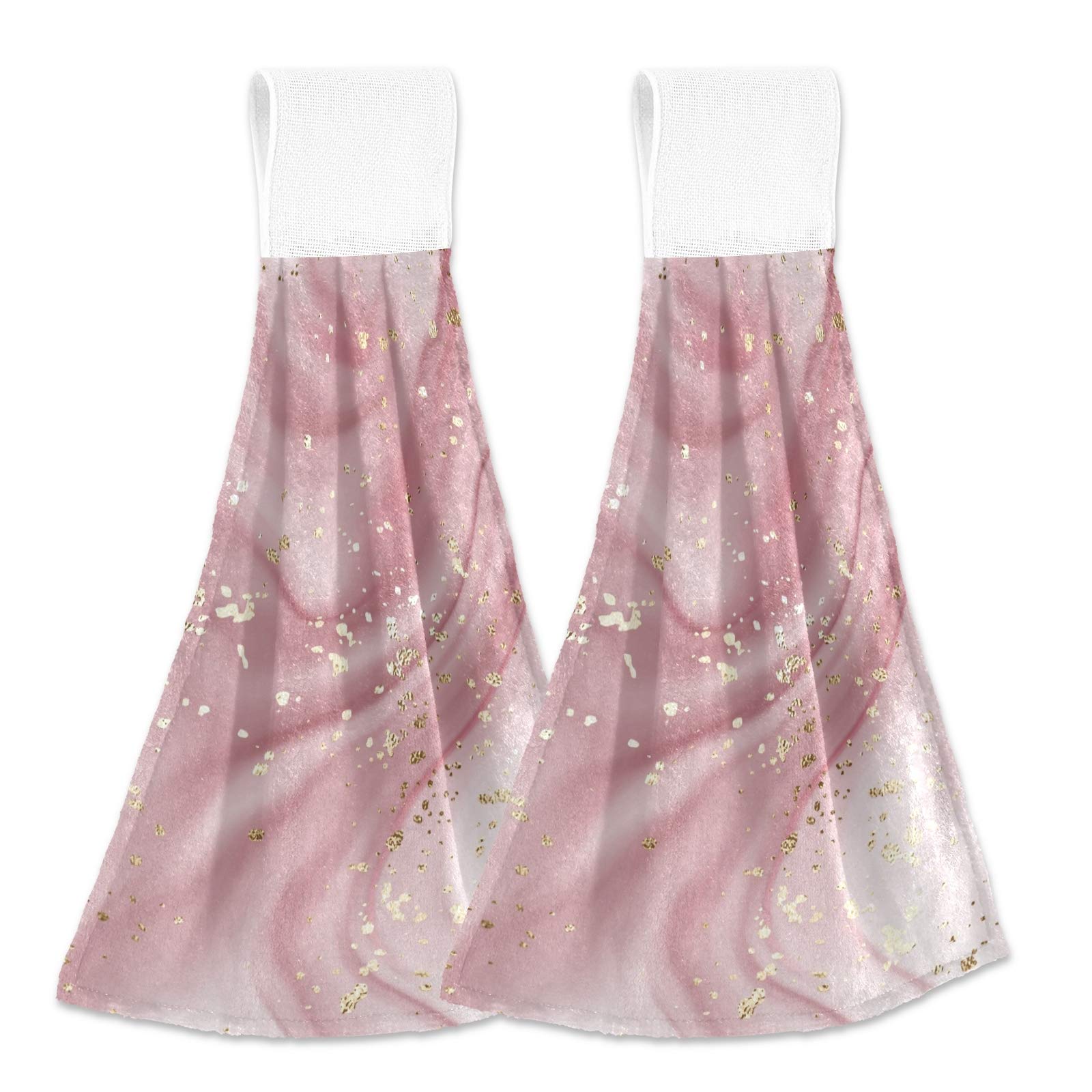 Selerdon Kitchen Hand Towel Pink Marble Golden Hanging Tie Towels 2 Pieces Fast Dry Absorbent Soft Touch Hanging Kitchen Towels