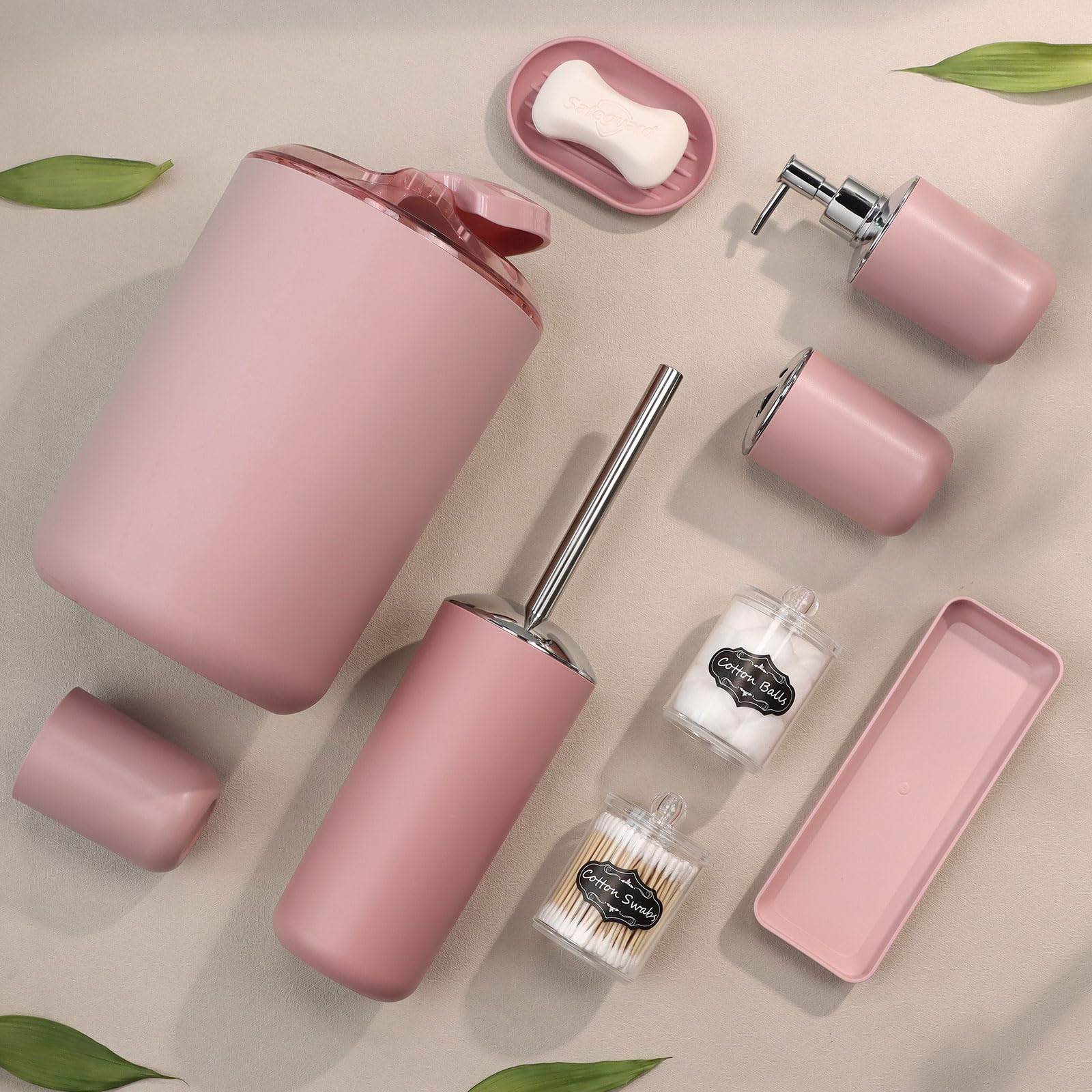 Imavo Bathroom Set - 9 Pcs Pink Bathroom Accessories Set With Trash Can,Tray,Soap Dispenser,Soap Dish, Toothbrush Holder,Toothbr