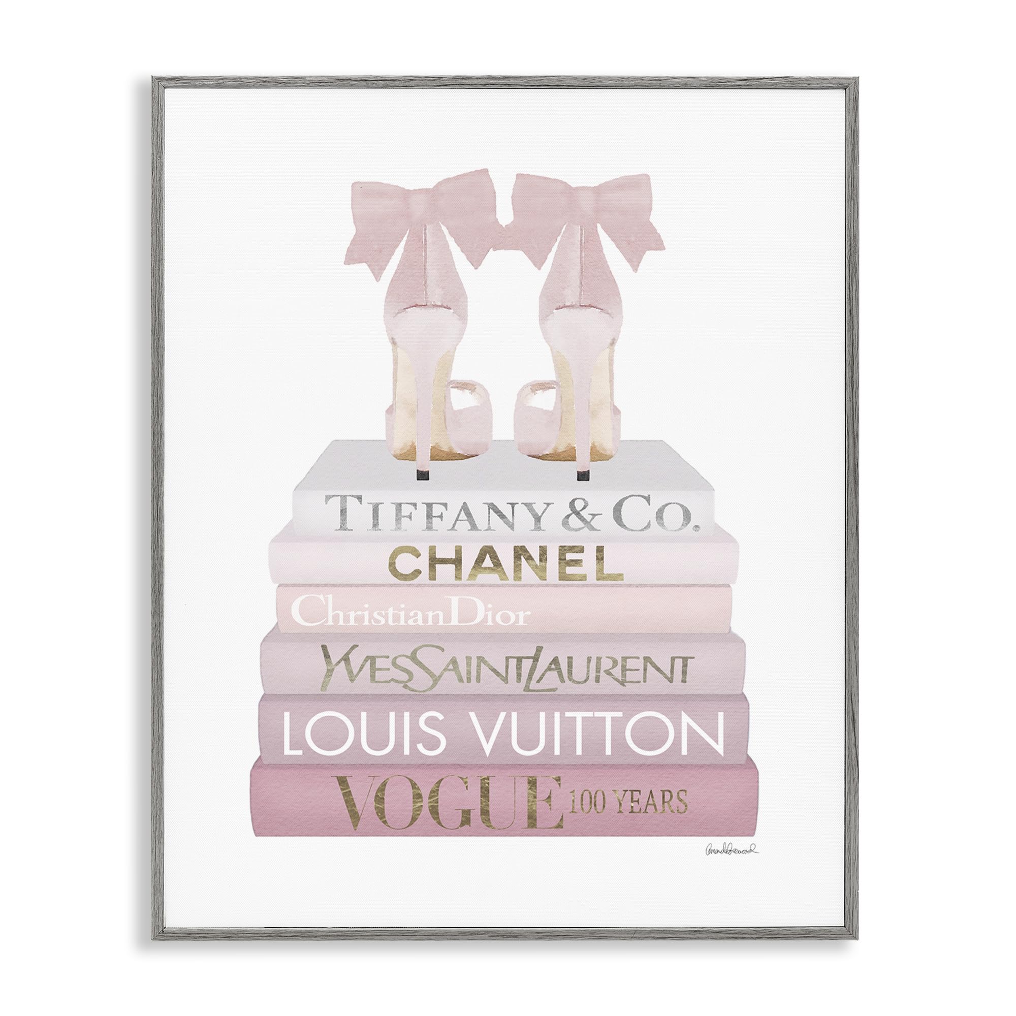 Stupell Industries Chic Pink Bow Shoes Glam Fashion Bookstack, Designed by Amanda Greenwood Gray Framed Wall Art, 24 x 30