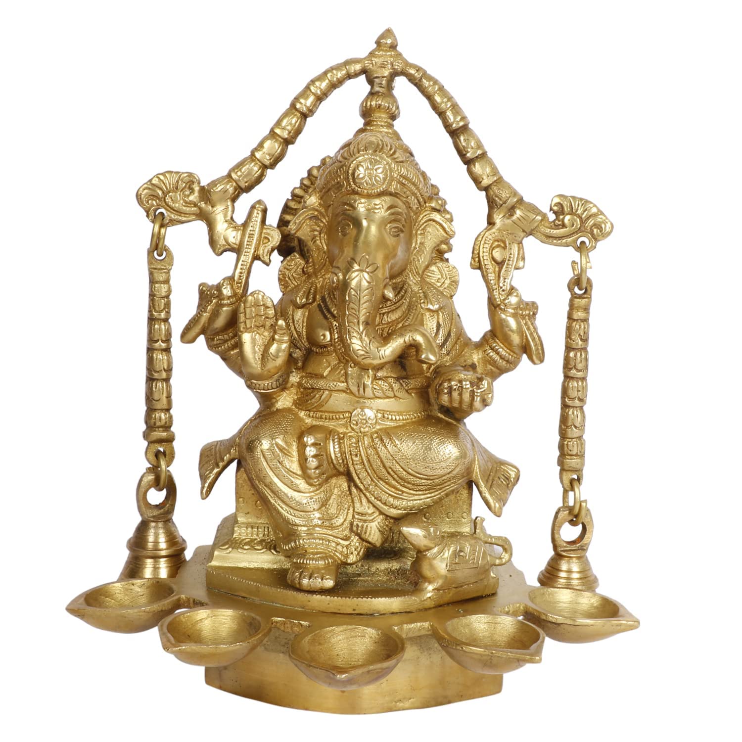 Kartique Brass Ganesh Bhagwan Idol Ganesha Statue Ganpati Murti With Multi Diya And Bells For Home Entrance Decor Diwali Gift Ga
