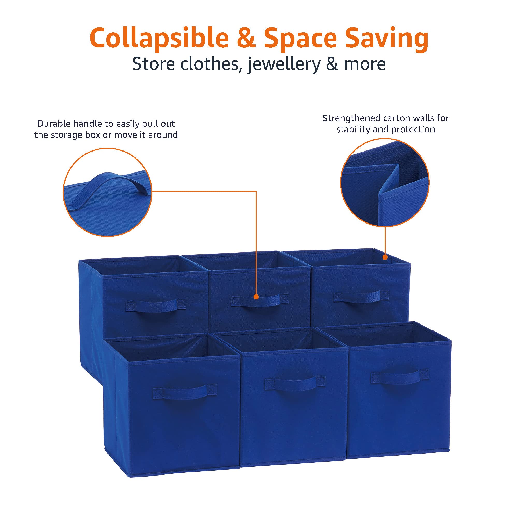 Amazon Basics collapsible Fabric Storage cubes Organizer with Handles  105x105x11  Navy Blue - Pack of 6
