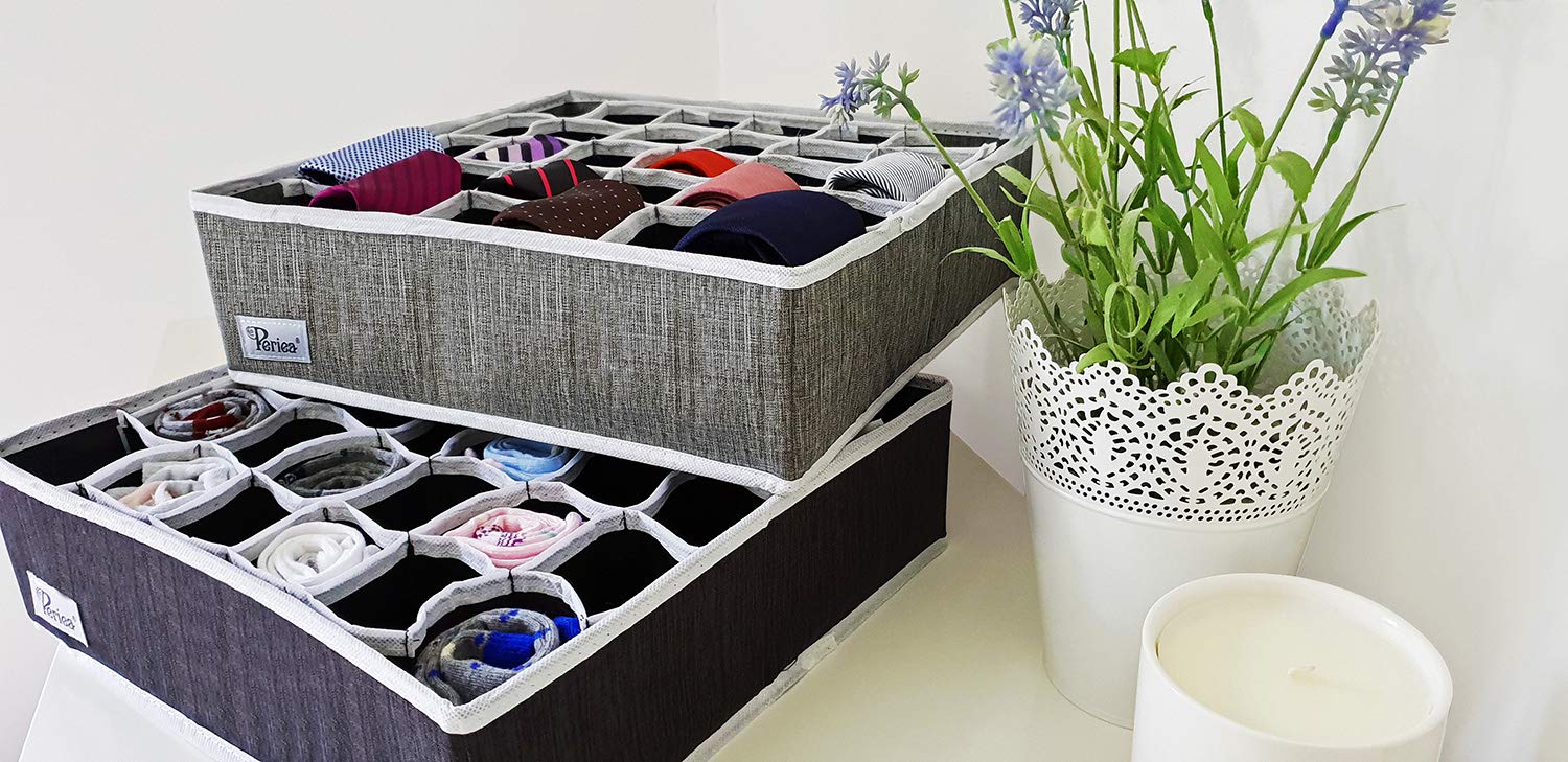Periea Drawer Organizer Bedroom Underwear 30 Cell 'Fosy' (Premium, Charcoal Grey with White Piping)