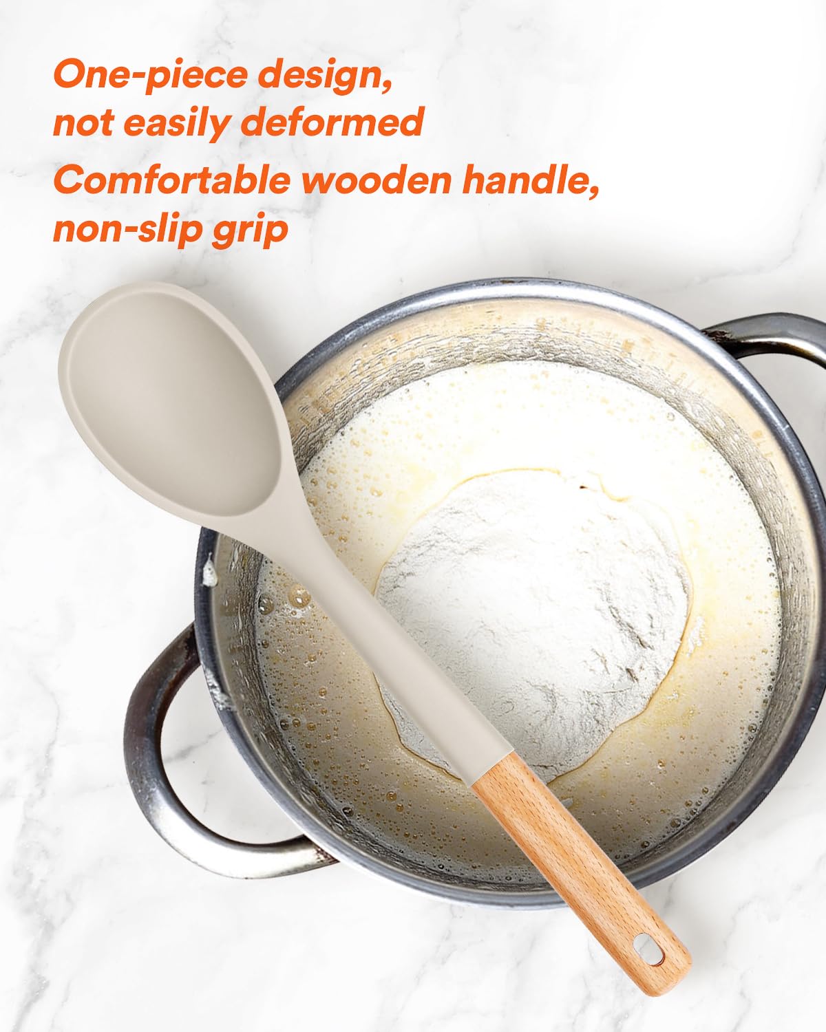 Large Silicone Cooking Spoons, Nonstick Solid Wooden Handle Spoon, Heat Resistan Silicone Kitchen Spoons For Cooking, Serving, B