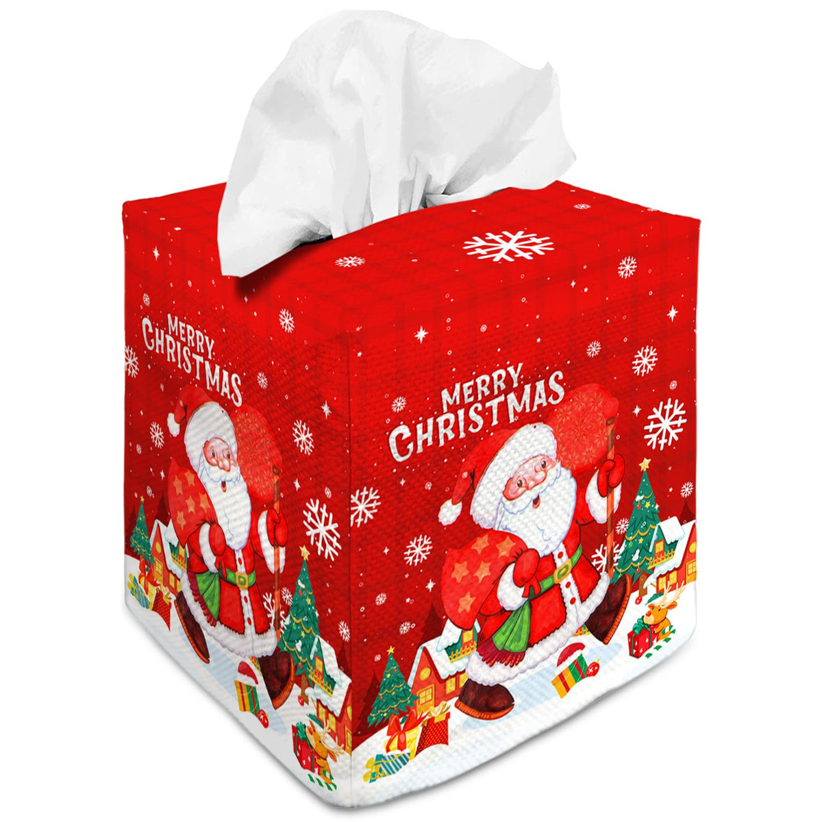 Tissue Box Cover Square Canvas Decorative Tissue Box Holder Cute Funny Cube Tissue Case Cover-Xmas Decor Christmas Santa Claus T