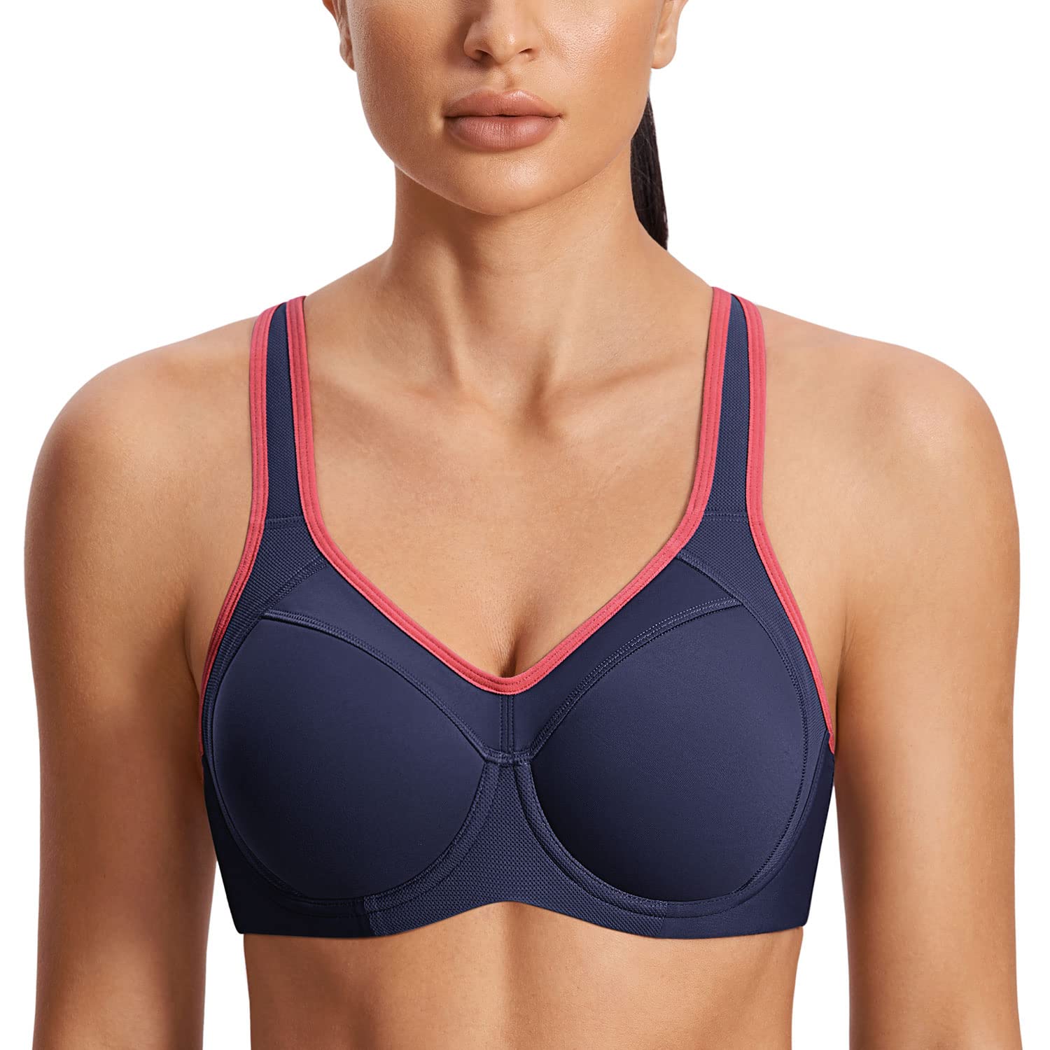 Syrokan Womens Full Support High Impact Racerback Lightly Lined Underwire Sports Bra True Navy 36E