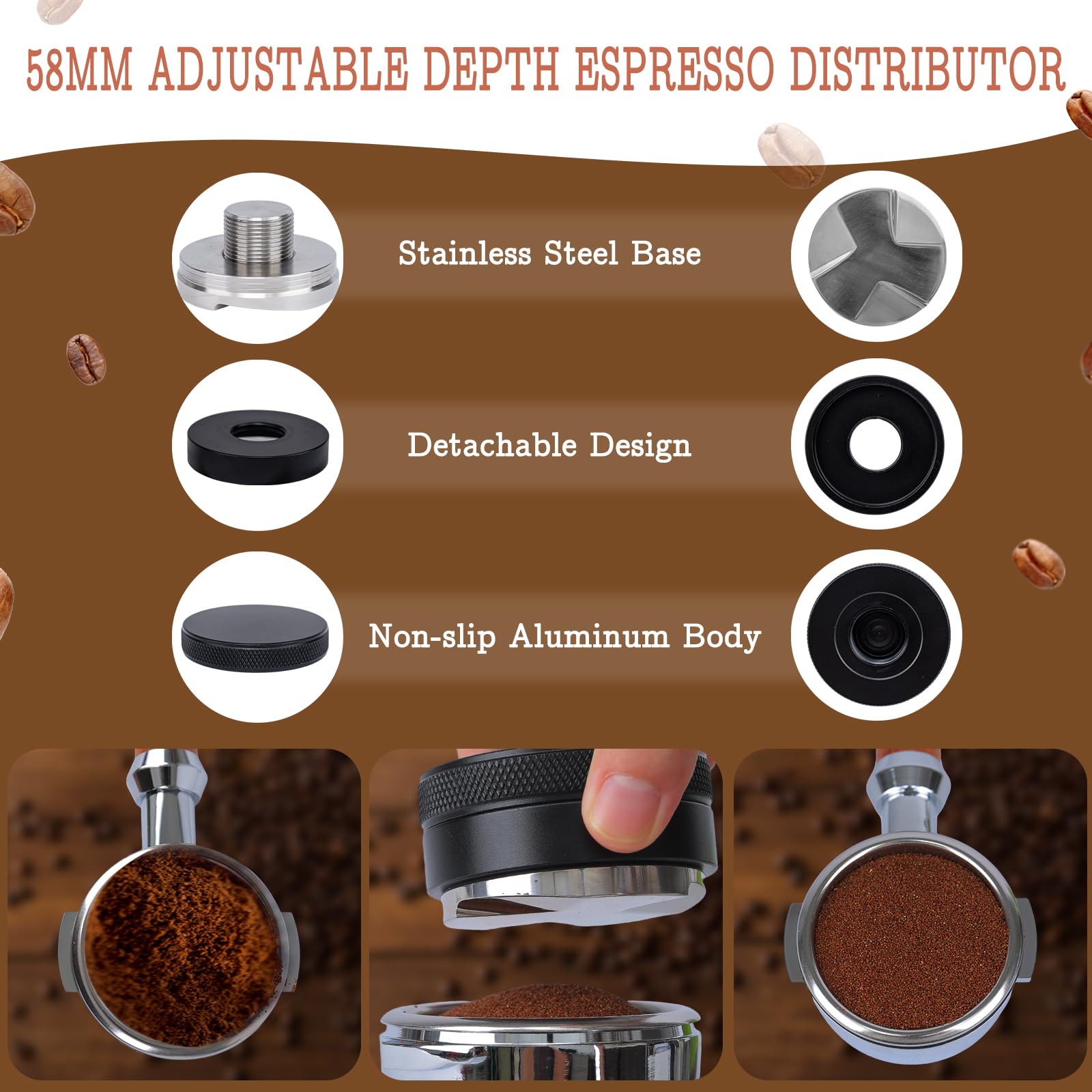 58Mm Espresso Tamper Set - Spring-Loaded Coffee Tamper, Adjustable Depth Espresso Distributor Leveler, Magnetic Dosing Funnel Al