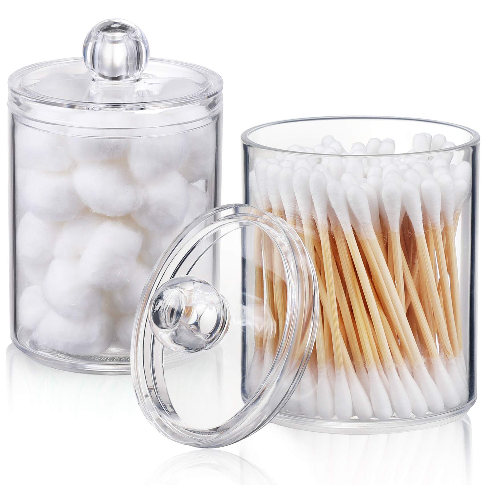 Aozita 2 Pack Qtip Holder Dispenser For Cotton Ball, Cotton Swab, Cotton Round Pads, Floss - 10 Oz Clear Plastic Apothecary Jar