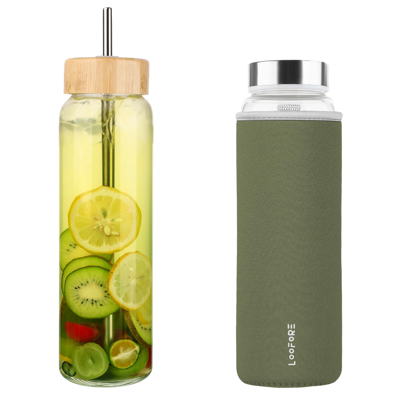 LOOFORE 32 oz Glass Water Bottle with Straw - Reusable Eco Friendly Bpa Free - Borosilicate Glass Water Bottles with 2 Lids & Ne