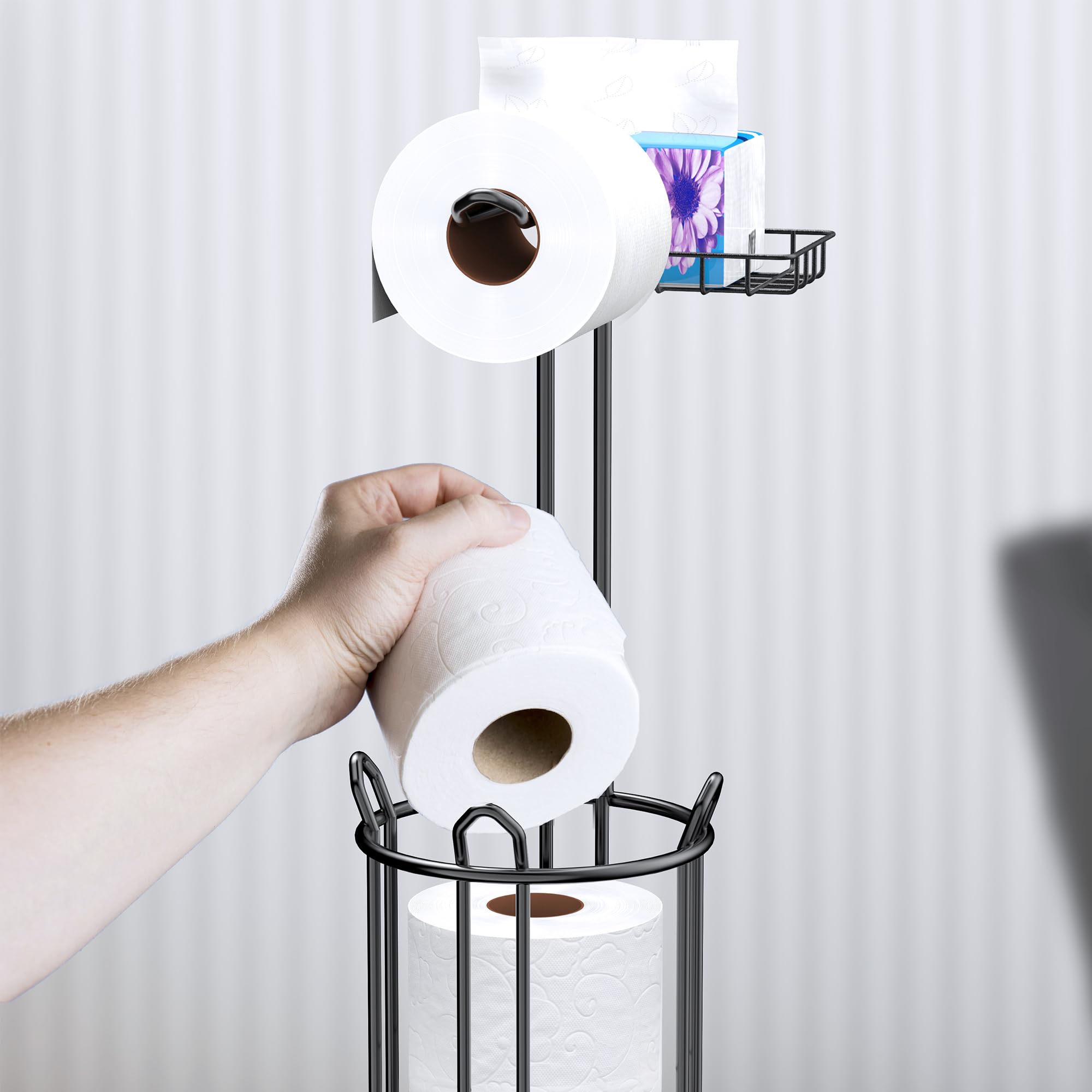 Meangood Toilet Paper Holder Stand With Shelf, Dispenser For 4 Mega Rolls, Bathroom Free Standing Tissue Roll Storage Holder Rac