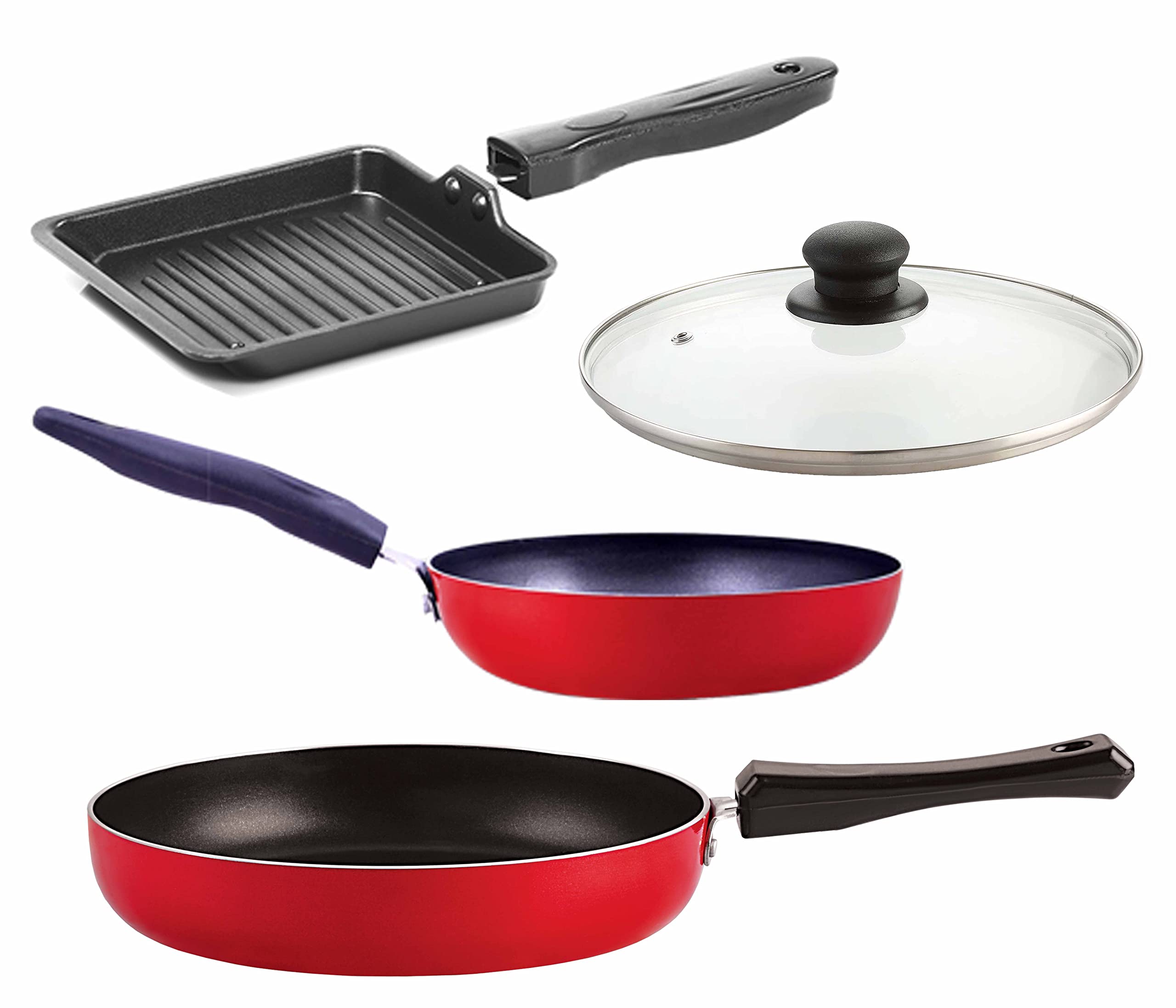 Nirlon Aluminium NonStick Kitchen Essential Cookware Set With Bakelite Handle4 Pieces (Tadka Pan|Fry Pan|Small Grill Pan|1 Gla