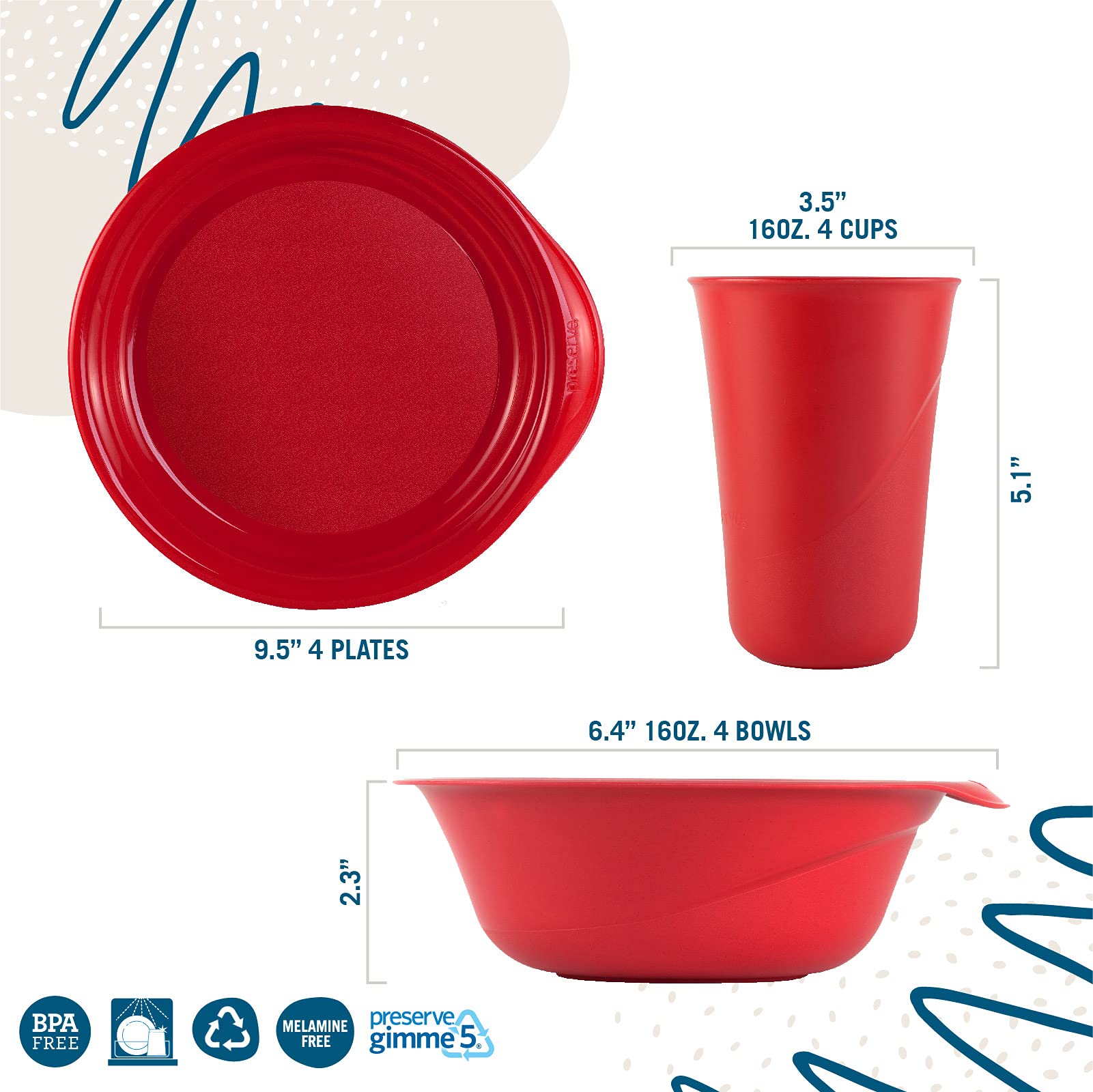 Preserve Reusable Bpa Free Everyday Tableware Set Made From Recycled Plastic: 4 Plates, 4 Bowls, 4 Cups, Midnight Blue