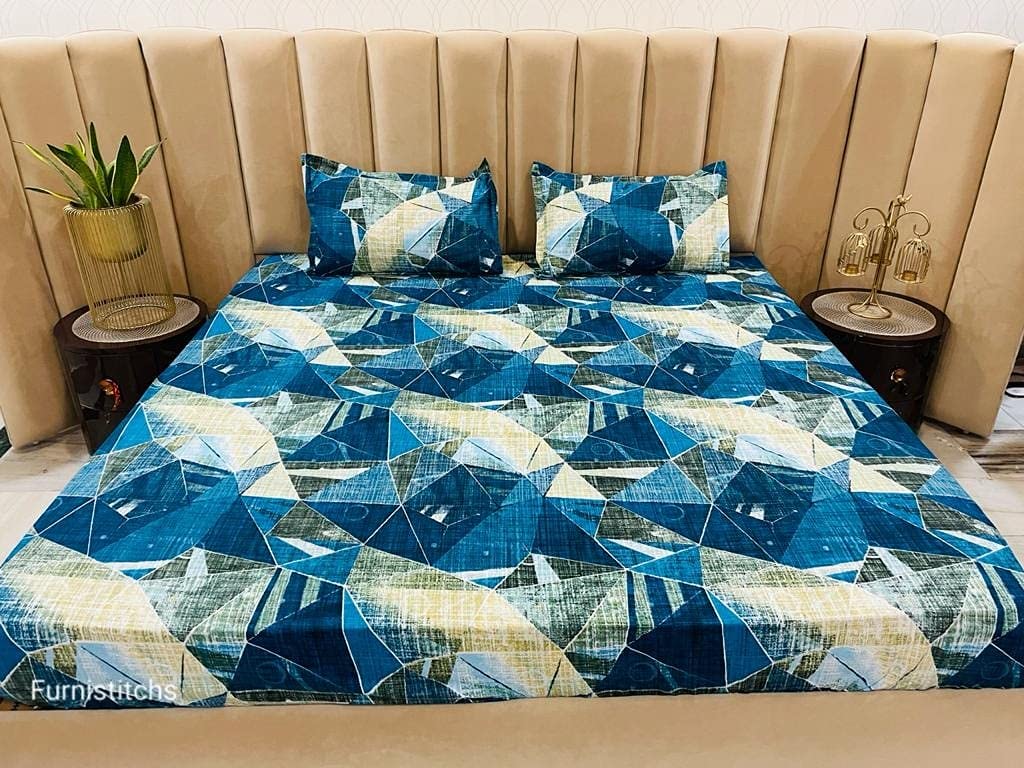 Furnistitchs King Size Bed Cover Elastic Fitted Bedsheet With 2 Pillow Covers 72X78X8 Inches, Blue Abstract