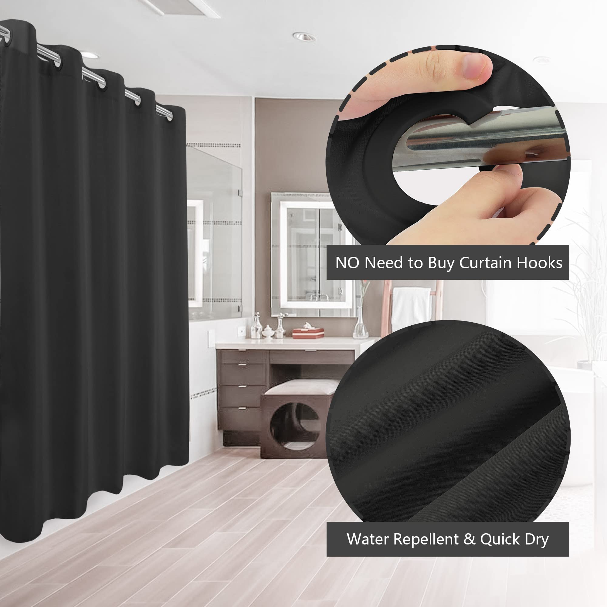 River Dream No Hook Black Shower Curtain Microfiber Waterproof - Soft Fabric Shower Curtain Or Liner Washable, Hotel Cloth Showe