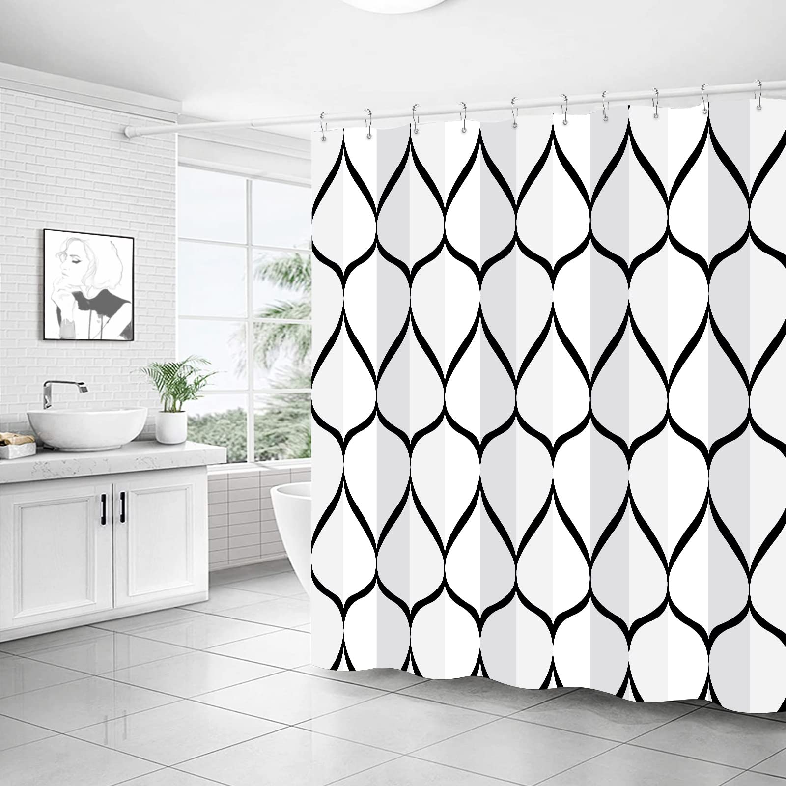 Gelbchu White Grey Fabric 72 x 72 Inch Cloth Shower Curtain  Waterproof Design and Polyester  Quick-Drying  Heavy Duty Shower Curtains Set for Bathroom  Durable and Washable with 12 Metal Hooks