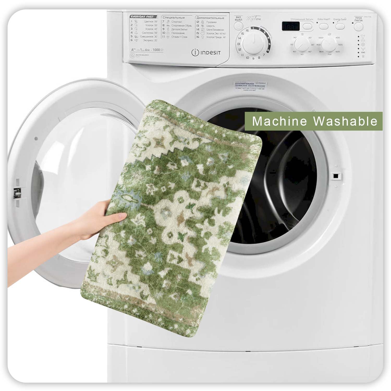 Uphome Boho Retro Large Bathroom Rugs Sage Green Non-Slip Soft Bedroom Runner Rug Oriental Floral Machine Washable Kitchen Rug C