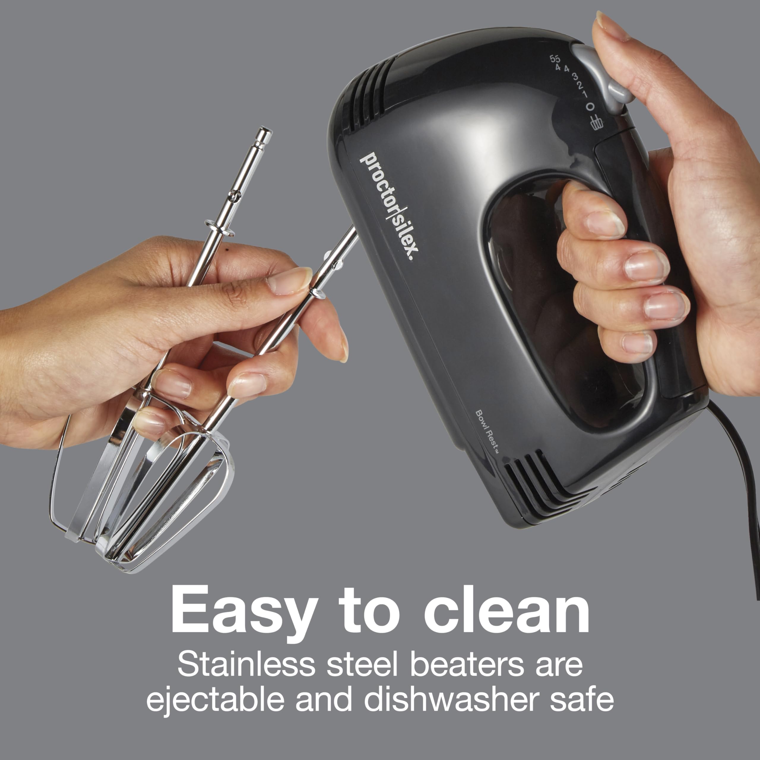 Proctor Silex Easy Mix 5-Speed Electric Hand Mixer With Bowl Rest, Compact And Lightweight, 100 Watts Of Peak Power, Black