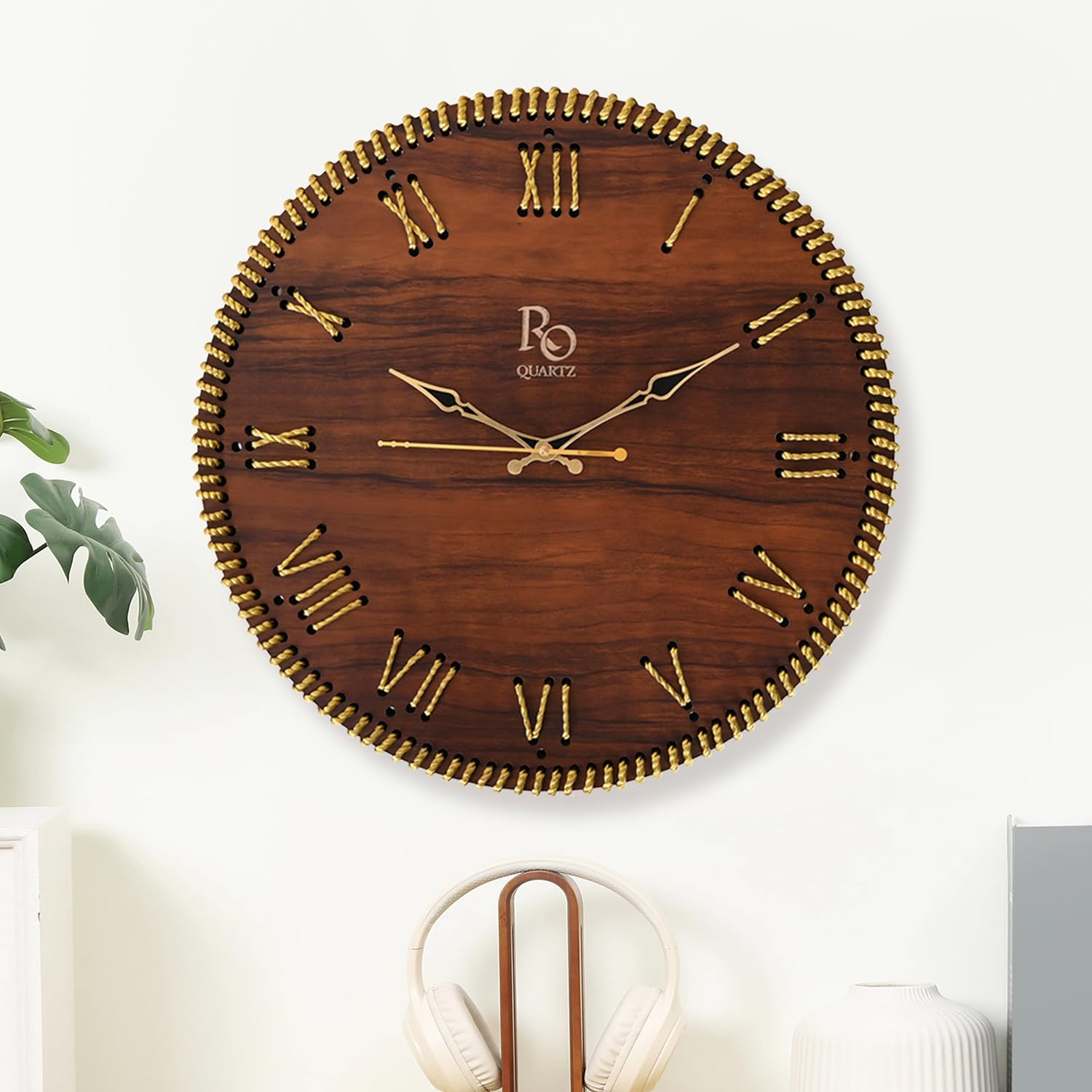 Regiis Opera Wooden Round Shape Roman Dial Wall Clock With Gold Zari Rope Detailing And Golden Hands | Silent Quartz Movement An