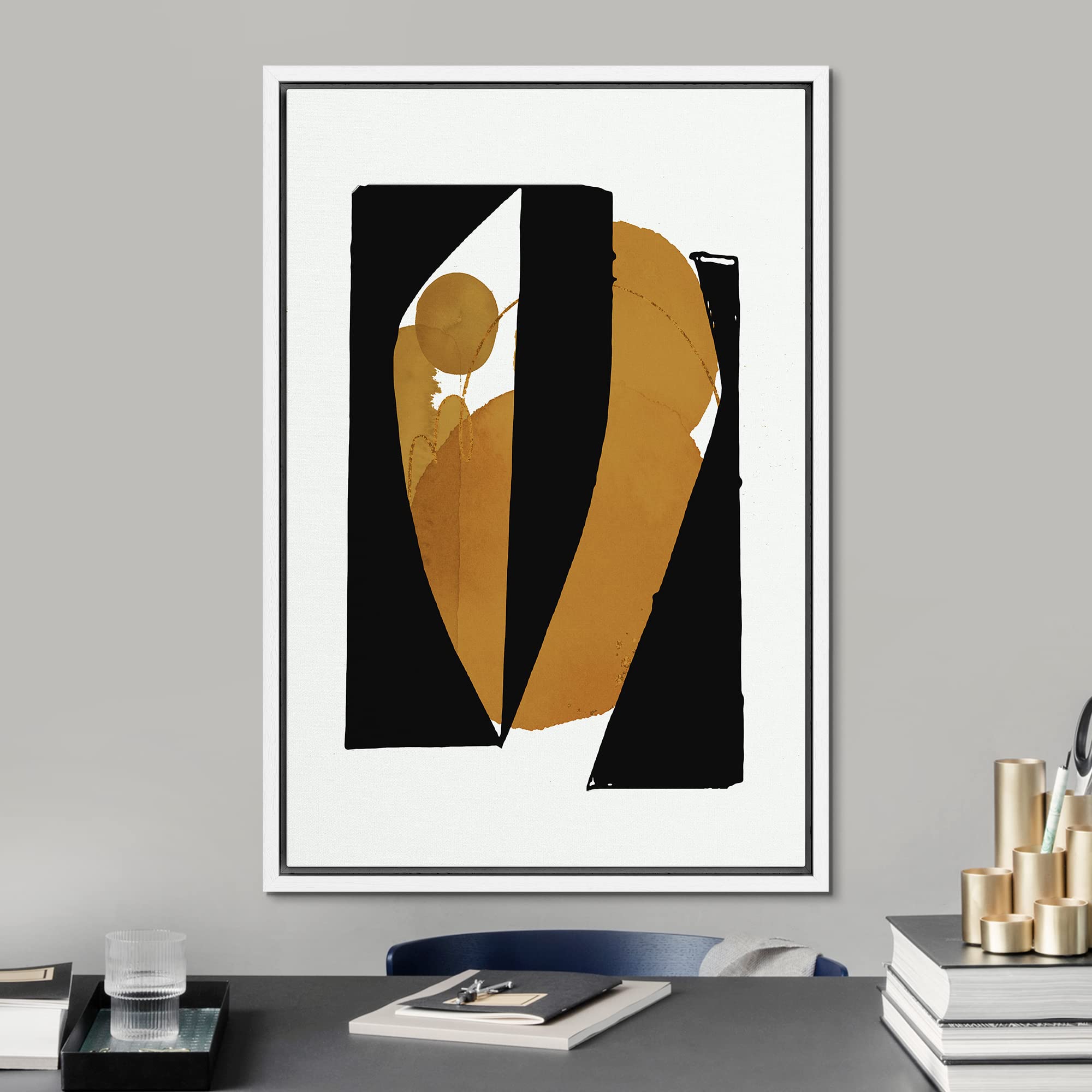Signford Framed Canvas Print Wall Art Mid-Century Black Brown Color Blocks Abstract Shapes Illustrations Modern Art Decorative B