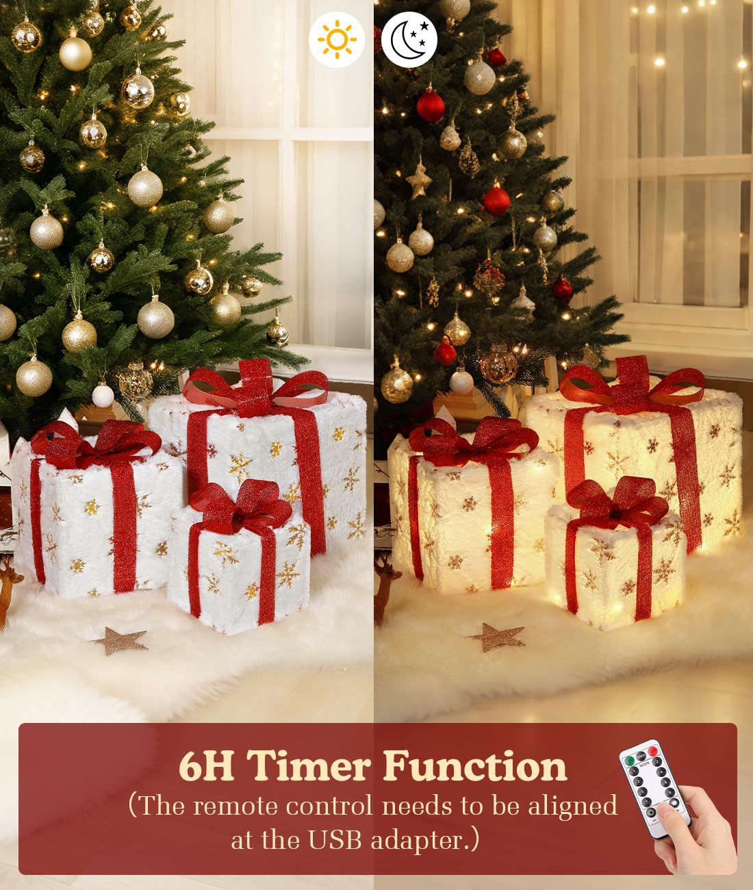 Christmas Lighted Gift Boxes, 3 PCS Large Outdoor Indoor Christmas Decorations with Remote Control, USB Plug in Under Christmas