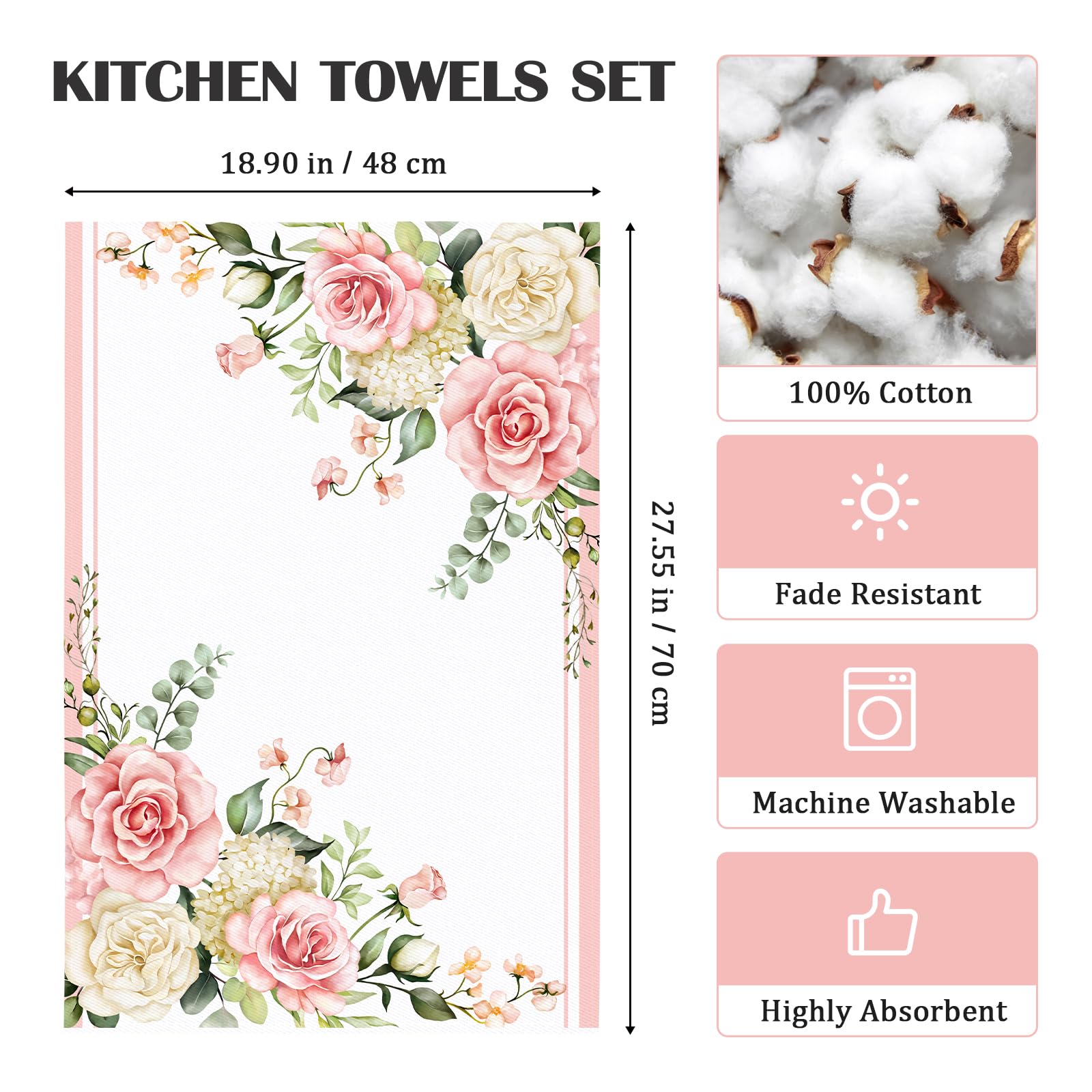 Arquiel 4Pcs Watercolor Flower Kitchen Tea Towels 100% Cotton Pink Floral Butterfly Hand Towels Multiple Uses Quick Dry Dish Clo