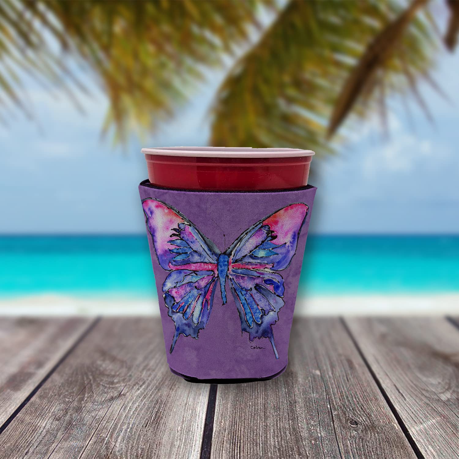 Butterfly on Purple Red Solo Cup Beverage Insulator Hugger