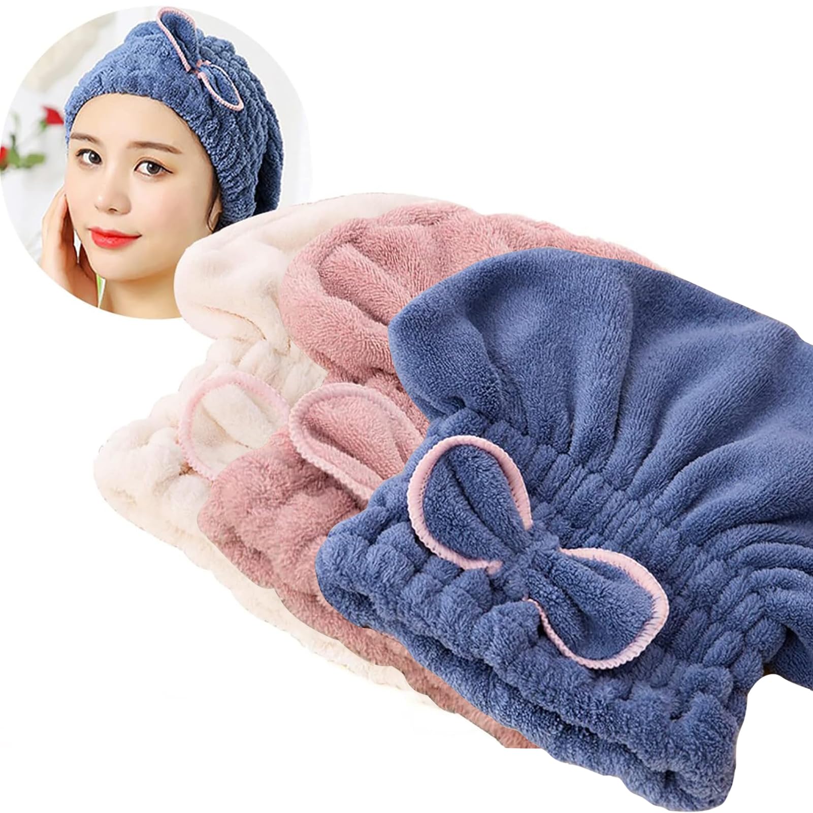 Jseng 3PC Microfiber Hair Towel Caps, Extrame Soft & Ultra Absorbent, Fast Drying Hair Drying Caps Towel Turban Wrap for Wet Hai