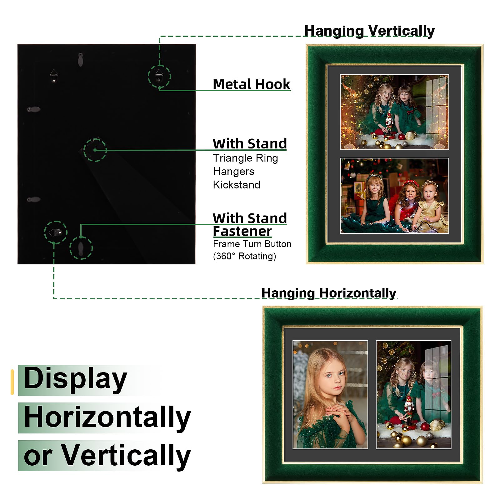 KSROECUD 8.5x11 Velvet Picture Frame with 2 Opening 5x7 Picture, HD Real Glass Green Velvet Photo Frame with Black White Border