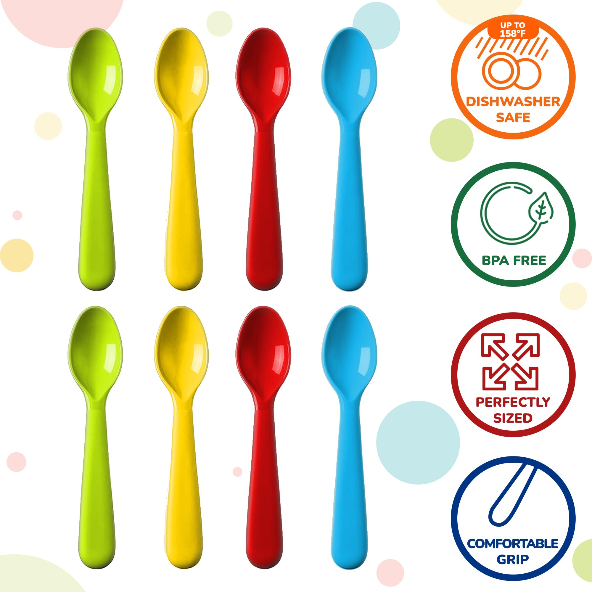 PLASKIDY Plastic Kids Spoon Set of 18 - BPA Free, Dishwasher Safe Reusable Children's Cutlery - Brightly Colored Toddler Flatwar