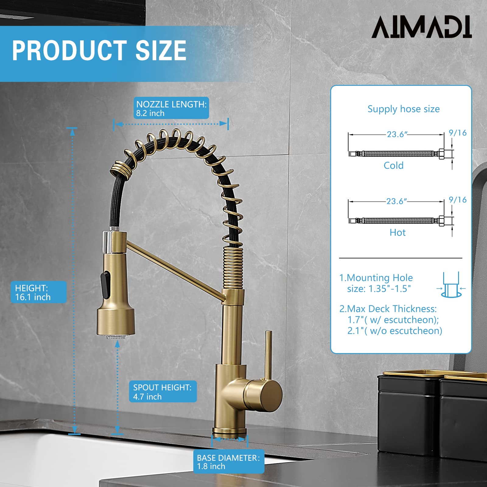 Gold Kitchen Faucet with Sprayer AIMADI Modern Single Handle Spring Brushed Gold Pull Down Kitchen Faucet with LED Light