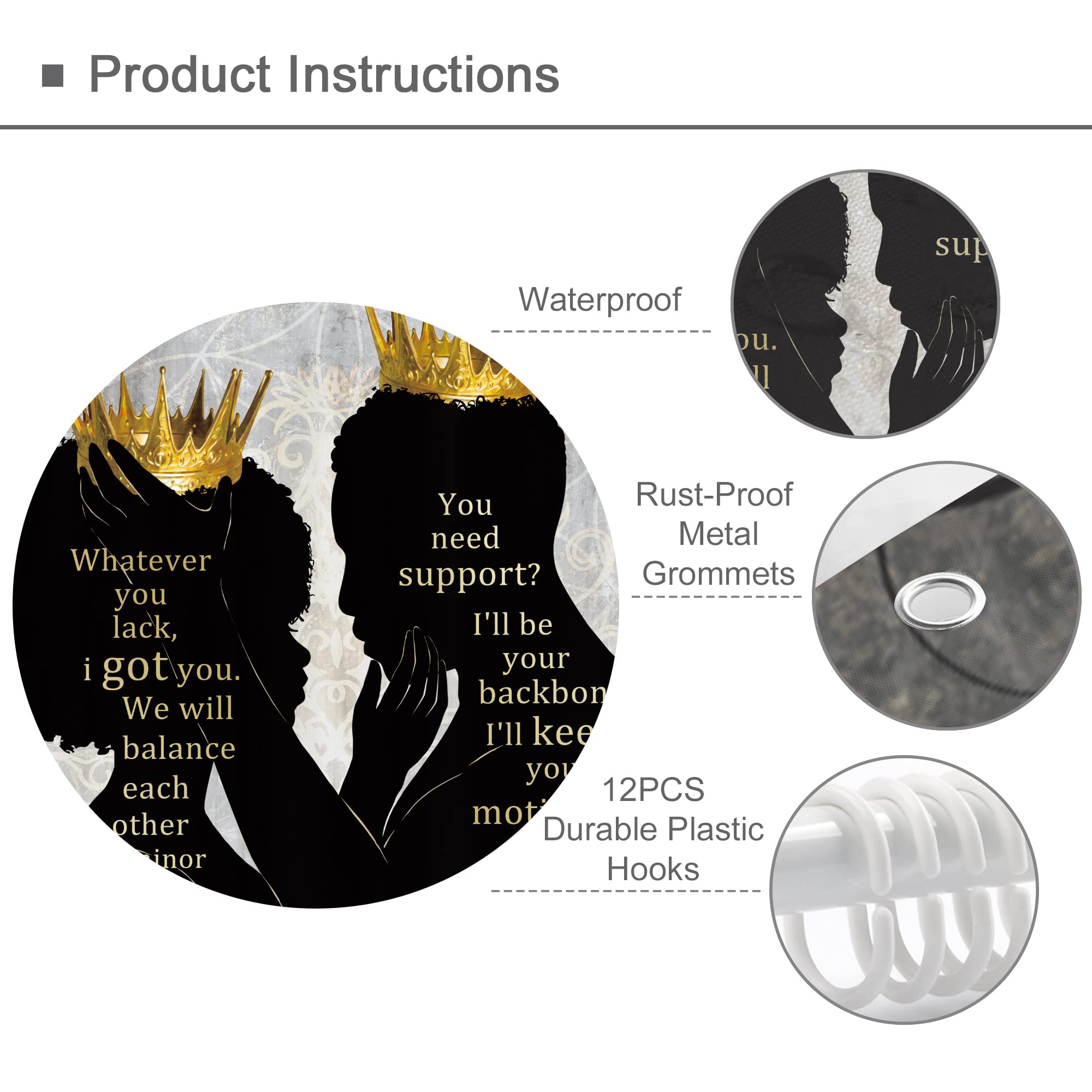 Omifly African American Shower Curtain Women Men 60Wx72H Inch Afro Black Queen King Luxury Gold Crown Inspirational Quotes Bathr