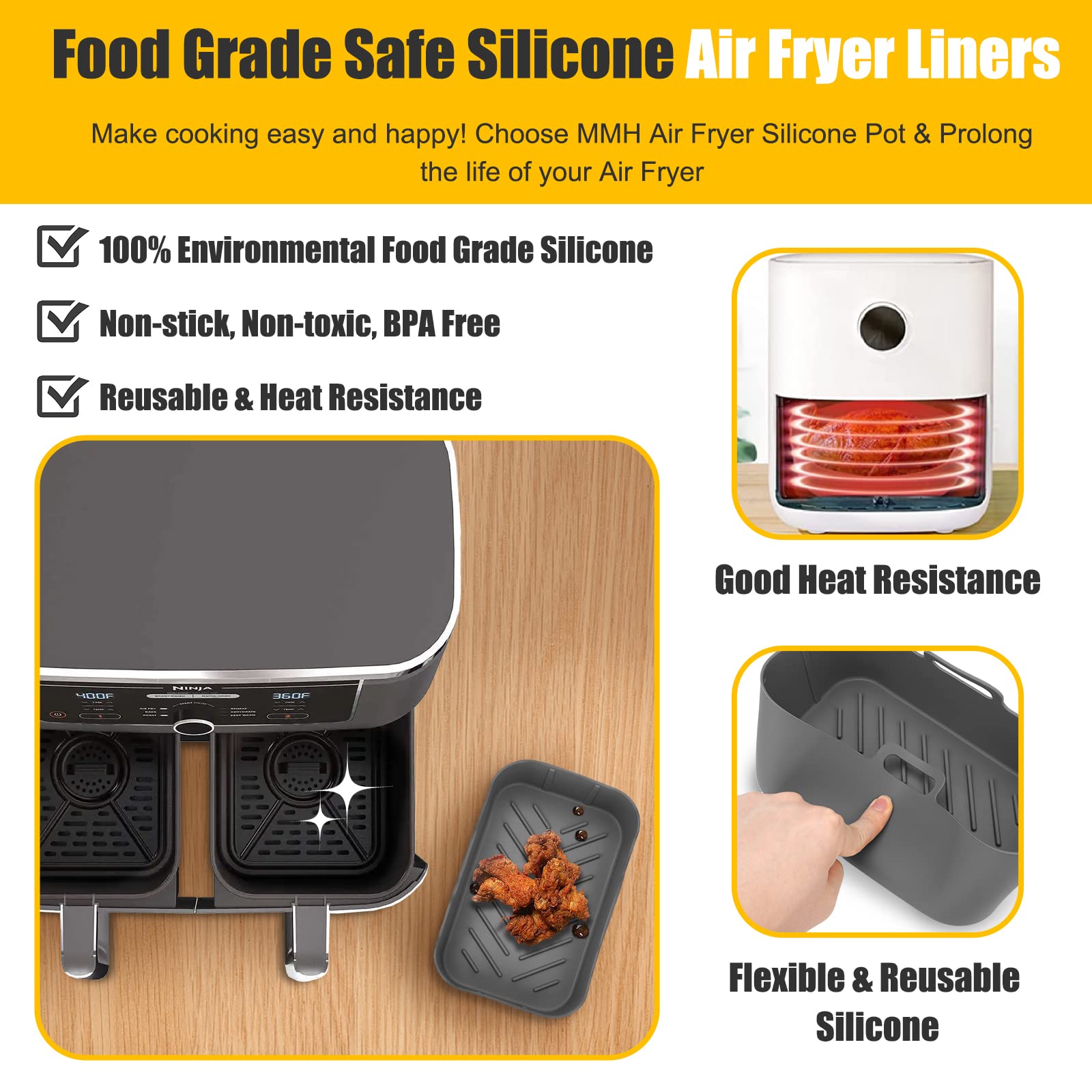 10Qt Air Fryer Silicone Liners For Ninja Dual Zone Dz401/Dz550/Dz302,For Ninja Doublestack Sl401/Sl451,2Pc Reusable Rectangle Ai