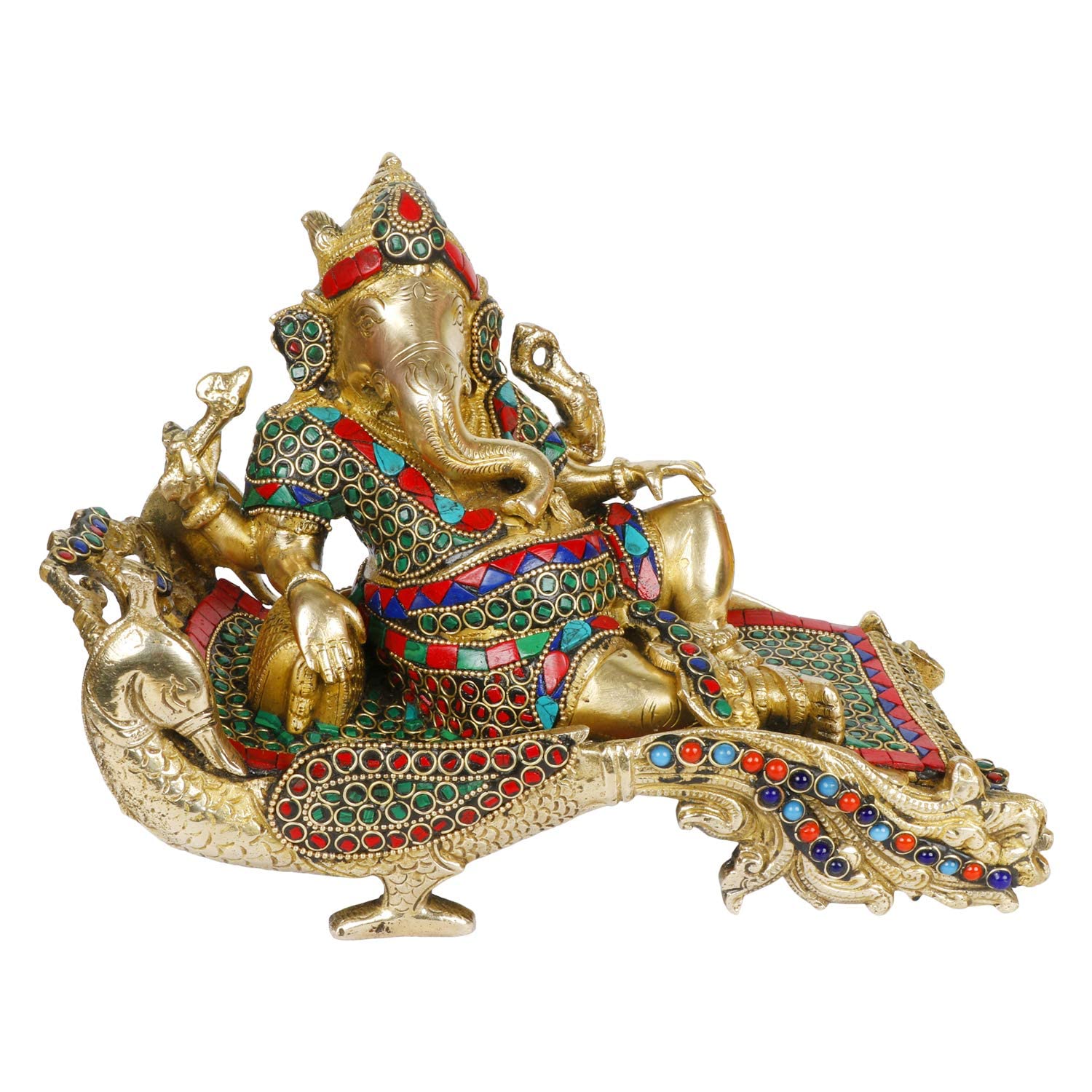 Kartique Brass Ganesh Bhagwan Resting On Peacock Singhasan For Home Decoration With Multicolor Stone Work