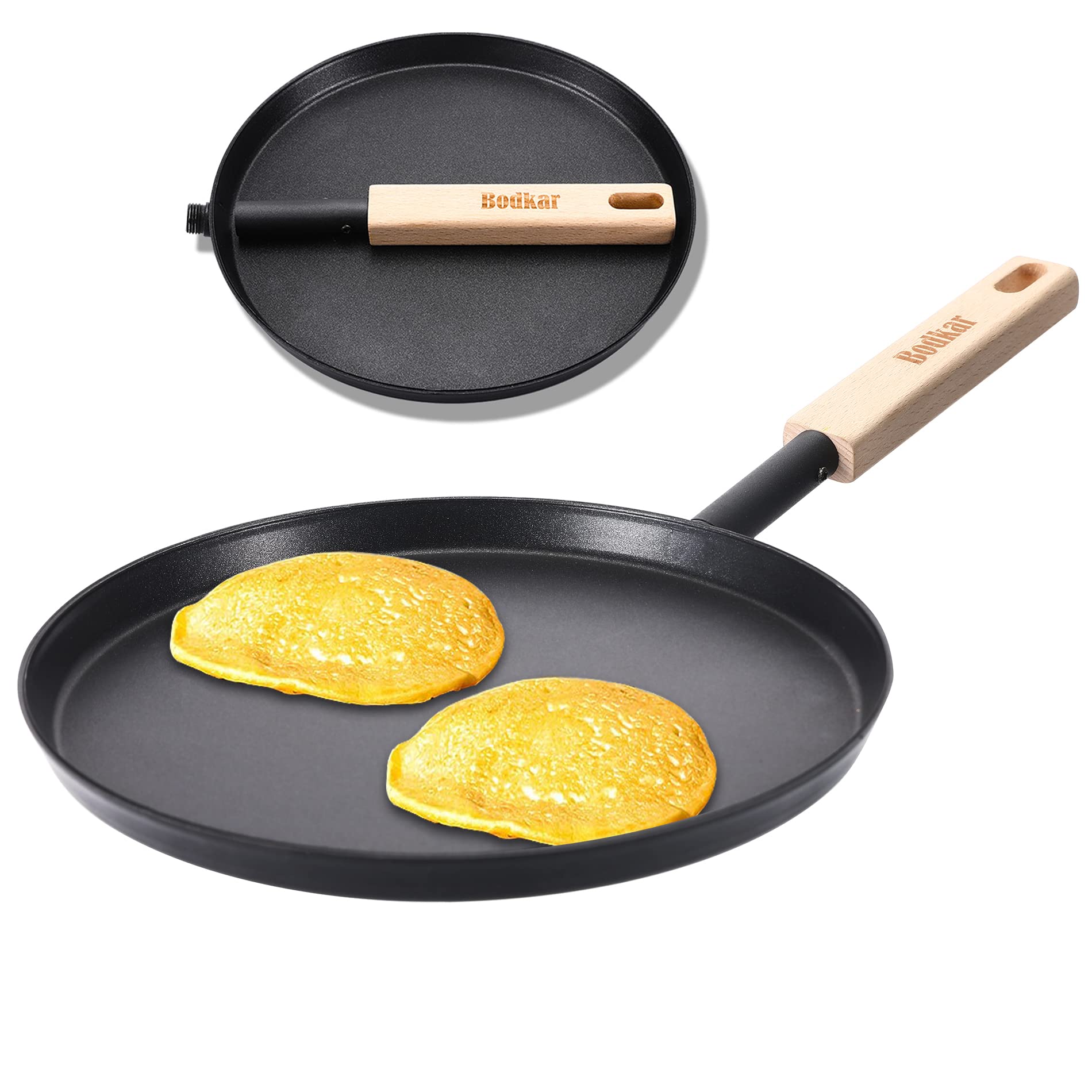 Bodkar Frying Pan Skillet 8-Inch Flat Crepe Pan, Lightweight Grill Pan With Wooden Handle For Camping Indoor Outdoor Cooking