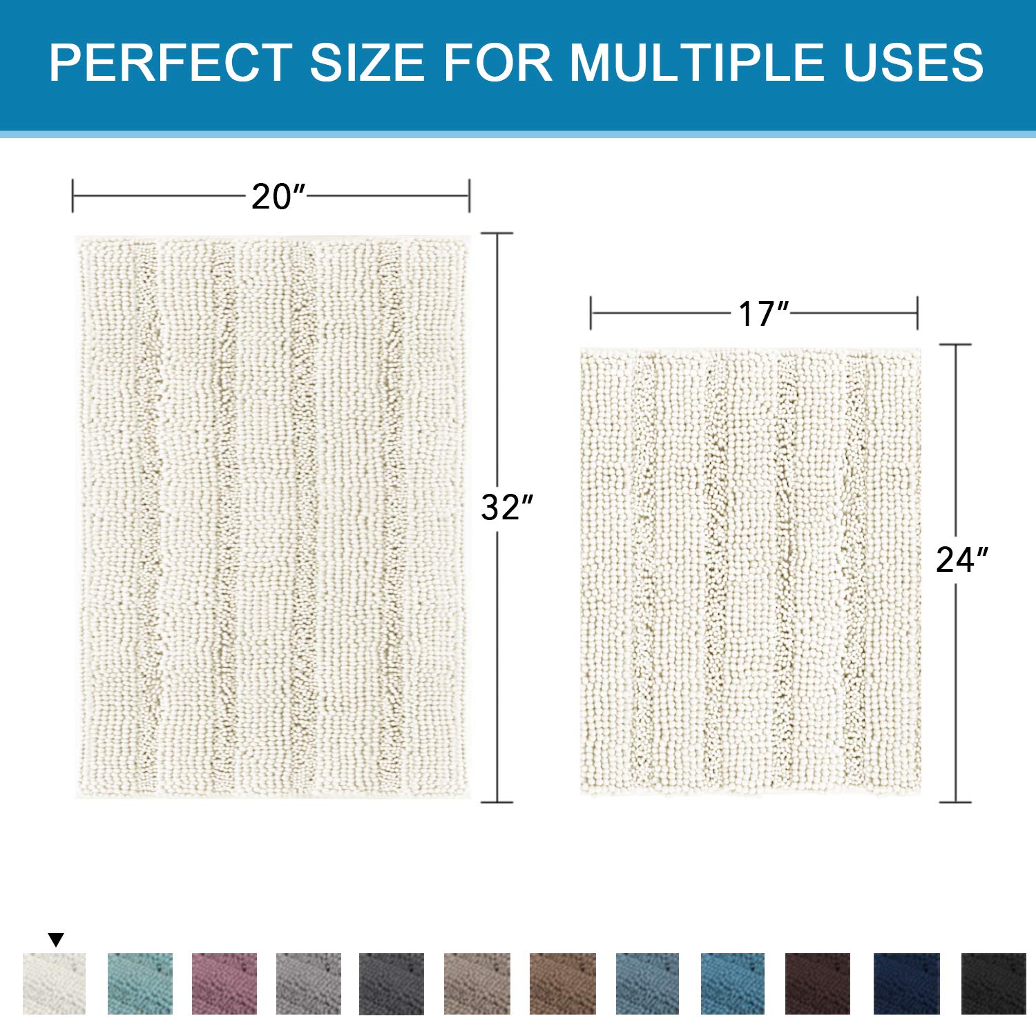 H.VERSAILTEX Cream Bathroom Rug Bath Rugs Set of 2  Thick Soft Striped Shaggy Chenille Bath Mats for Bathroom Non Slip  Dry Fast Extra Large Bathroom Rugs(20'' x 32''/17'' x 24'')