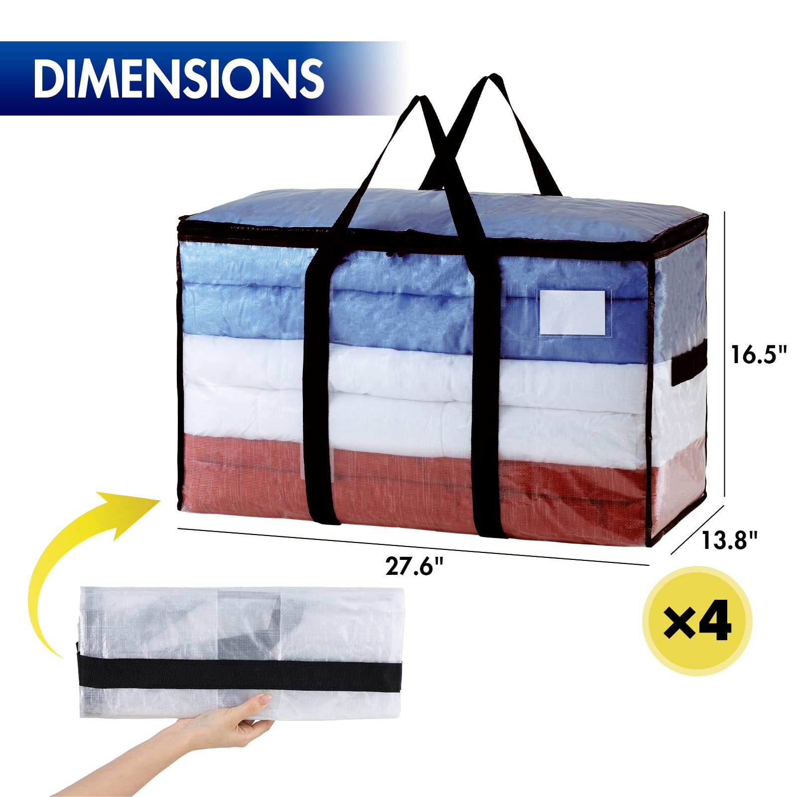 Taili Extra Large Moving Bags, 4 Pack Clear Heavy Duty Totes For Storage, Wrap Around Handles, Storage Bags For Space Saving Mov
