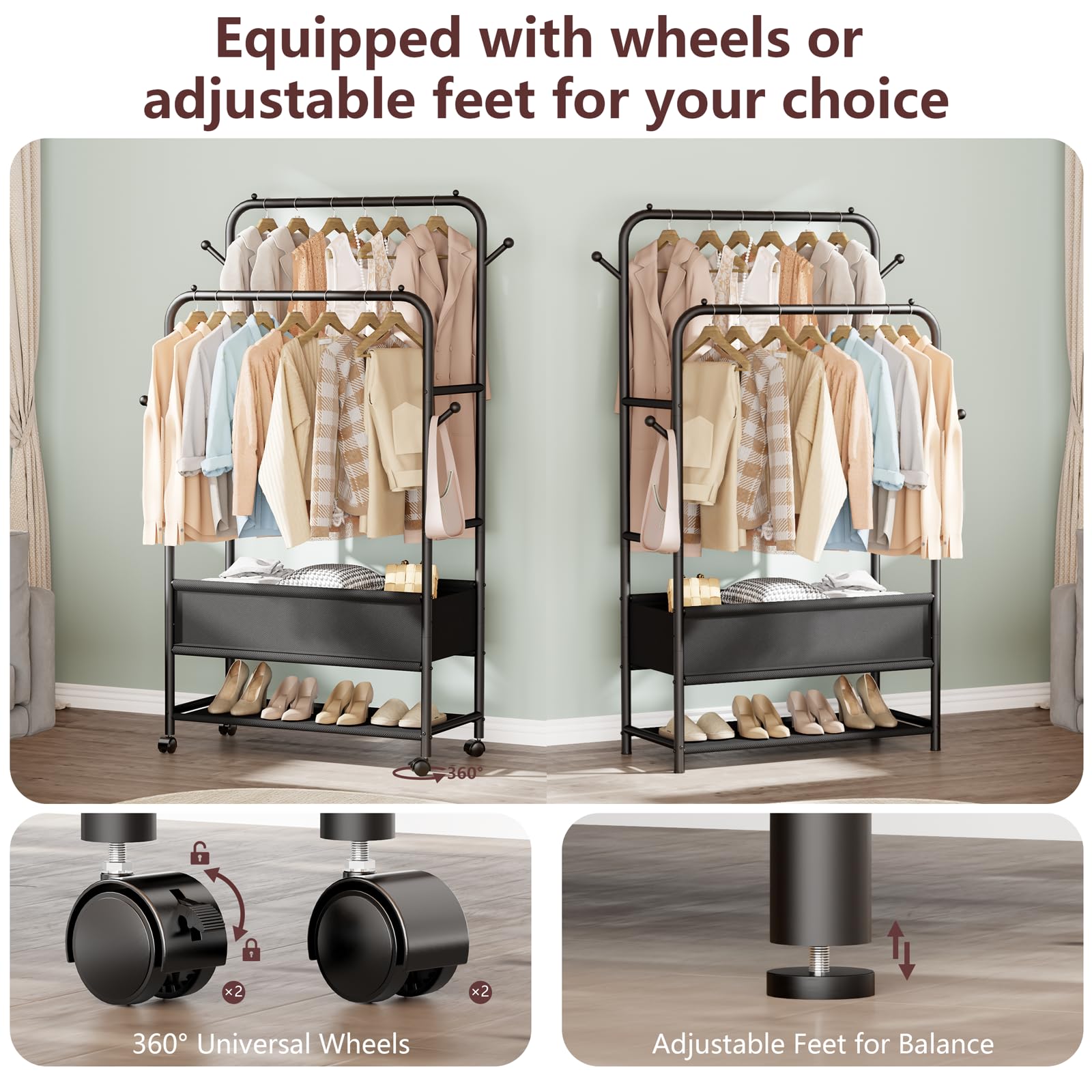 Furologee Portable Rolling Garment Rack, Sturdy Metal Double Rods Clothes Rack, Black, Freestanding for Bedroom, Laundry, Living Room