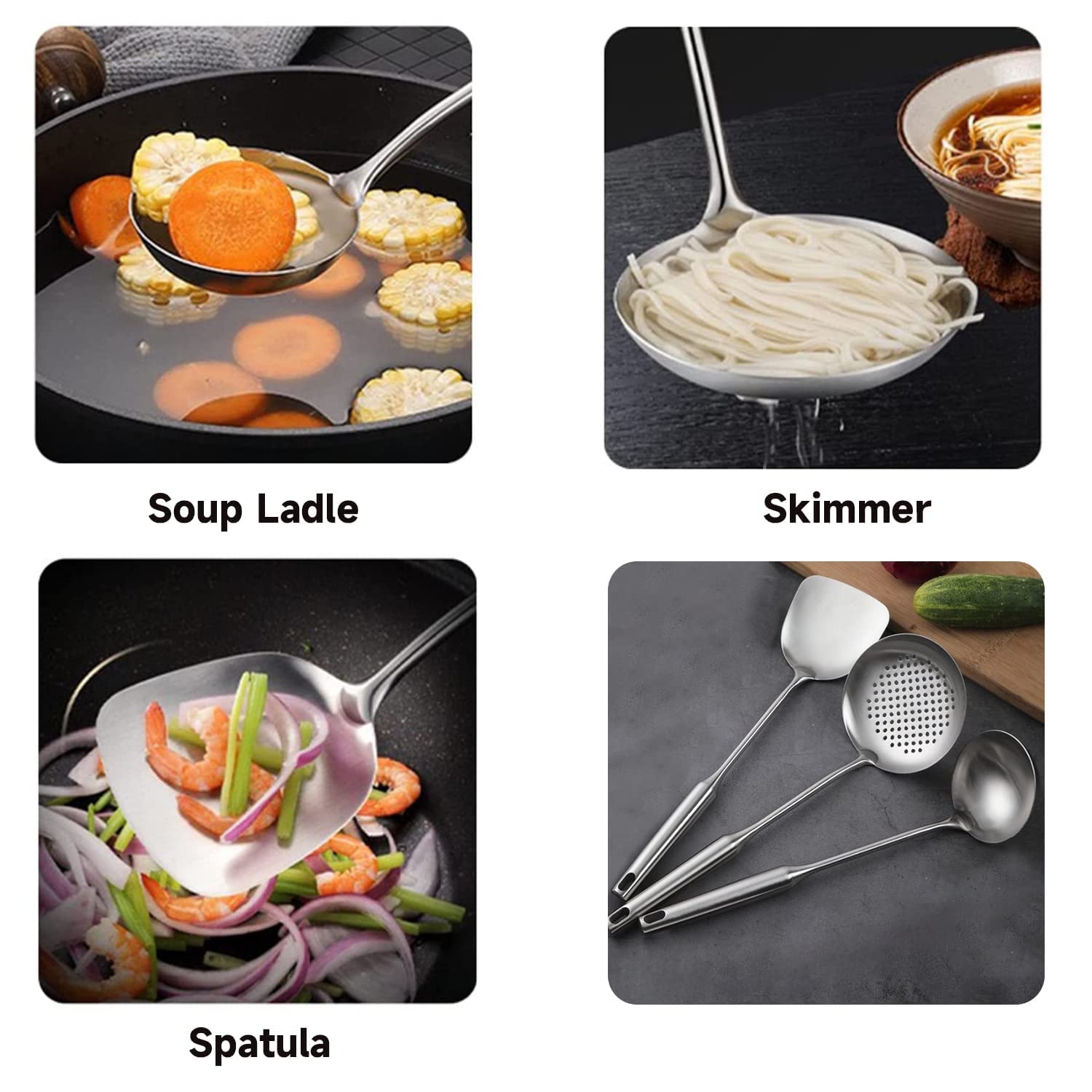 Niitawh Stainless Steel Wok Spatula, Wok Utensils For Carbon Steel, Wok Tools Professional Set, 3-Pieces 304 Stainless Steel Coo