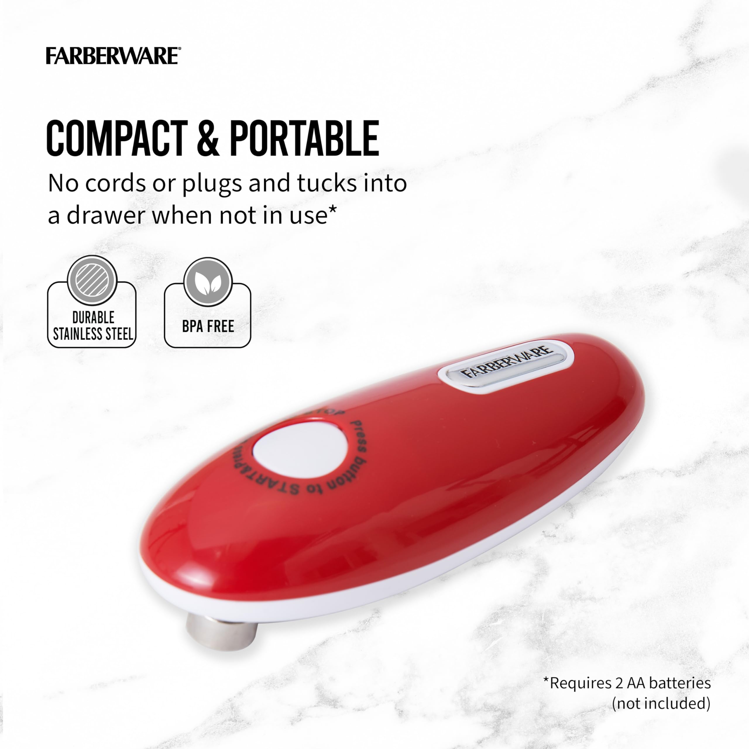 Farberware Hands-Free Automatic Can Opener, Red, Plastic, 9.06 x 2.56 x 2.17 Inch, Model 5165022
