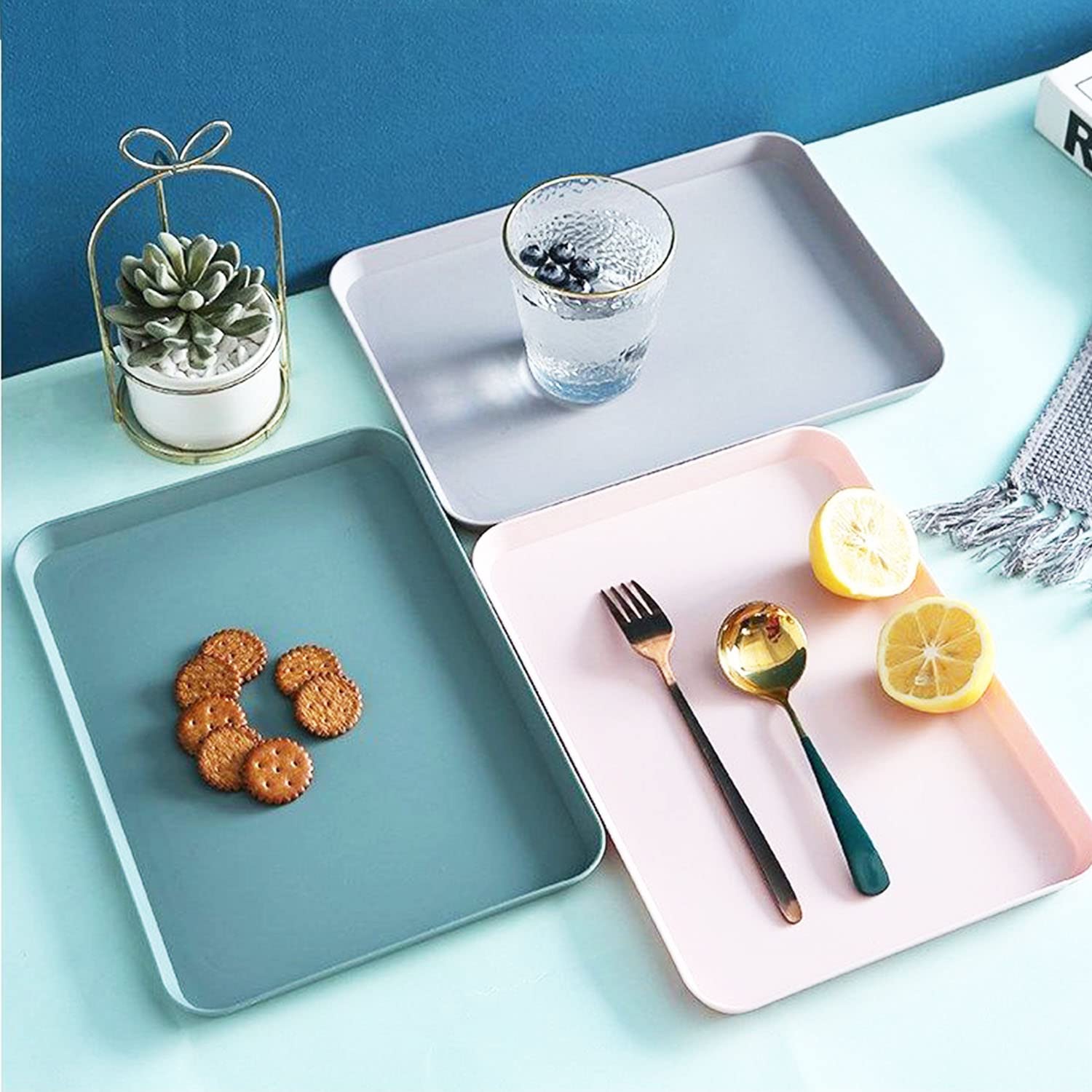 6 Pack 8 X 12 Inch Plastic Trays, Cute Small Pink Grey Blue Trays With 2   Wall, Decorative Food Serving Tray, Rectangular Flat