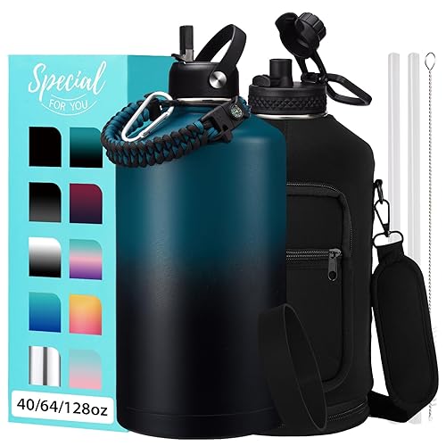 Large Insulated Water Bottles 1 Gallon - Water Jug with Strap Carrier Bag  Straw & Spout Lid  Paracord Handle  Bottle Boot  Big Metal Water Flask Stainless Steel Canteen  128oz Insulated Water Bottle