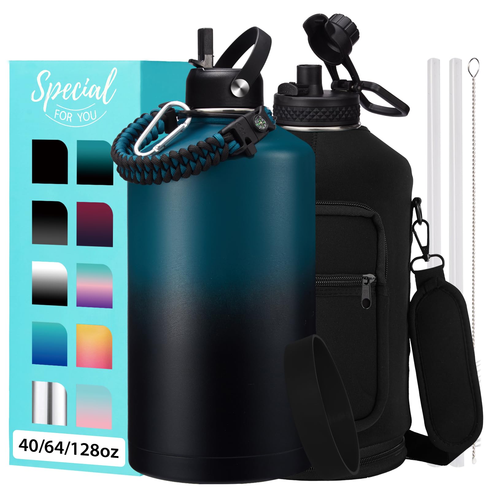 Large Insulated Water Bottles 1 Gallon - Water Jug with Strap Carrier Bag  Straw & Spout Lid  Paracord Handle  Bottle Boot  Big Metal Water Flask Stainless Steel Canteen  128oz Insulated Water Bottle