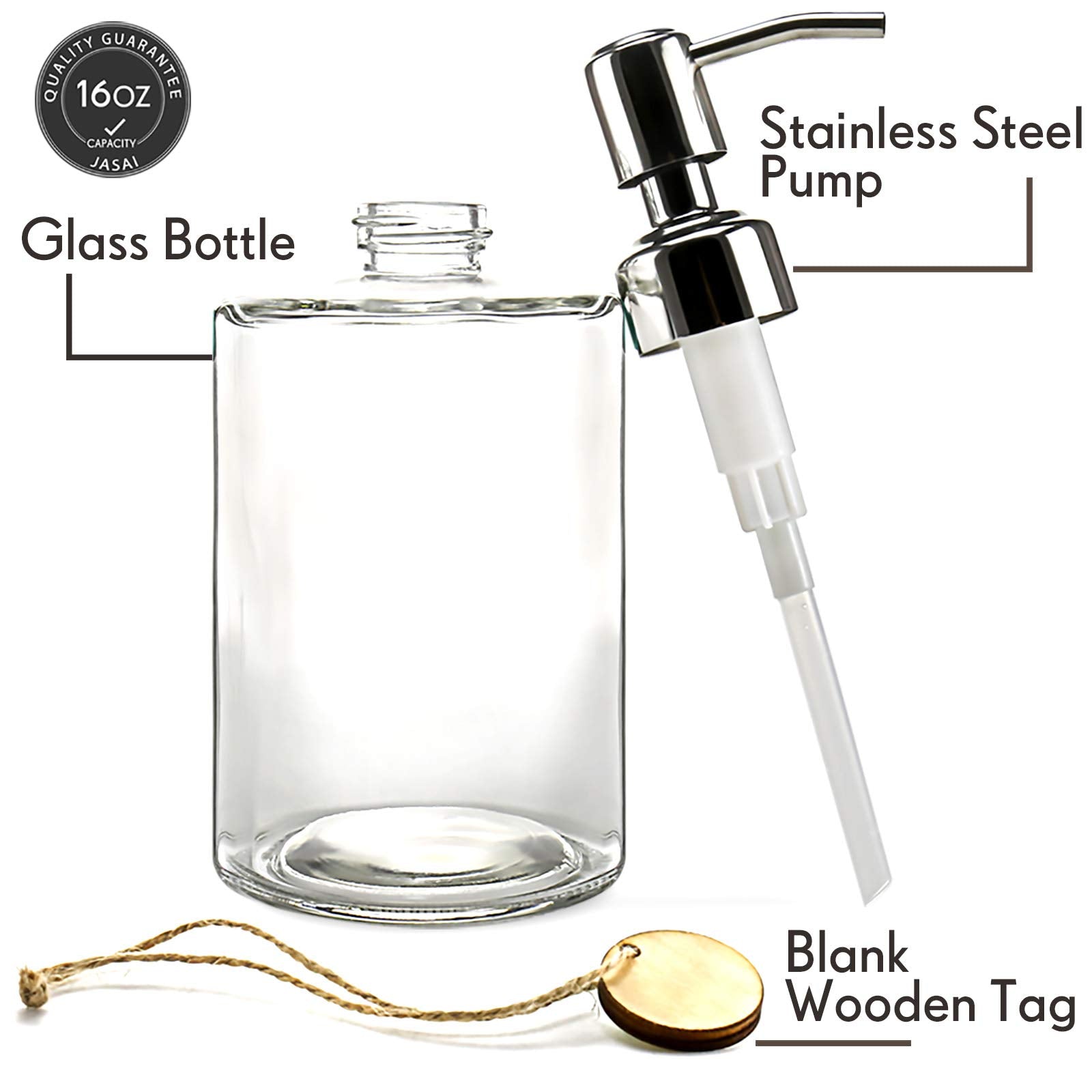 Jasai 16Oz Cylinder Glass Soap Dispenser With Rust Proof Stainless Steel Pump, Refillable Bathroom Soap Dispenser For Hand Soap,