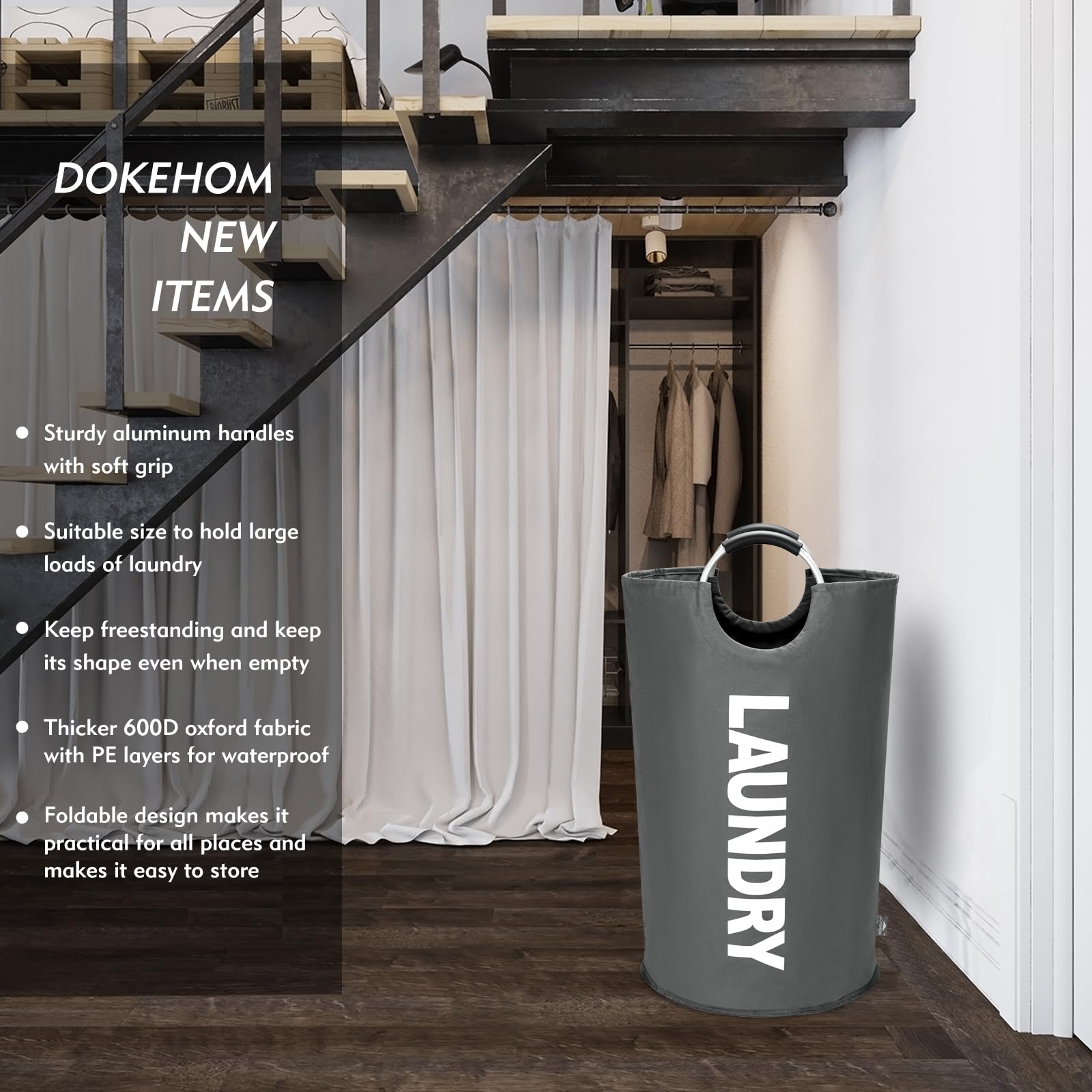 DOKEHOM 125L X-Large collapsible Washing Laundry Basket Bag (7 colors) for Bedroom  Fabric (Dark grey  XL)
