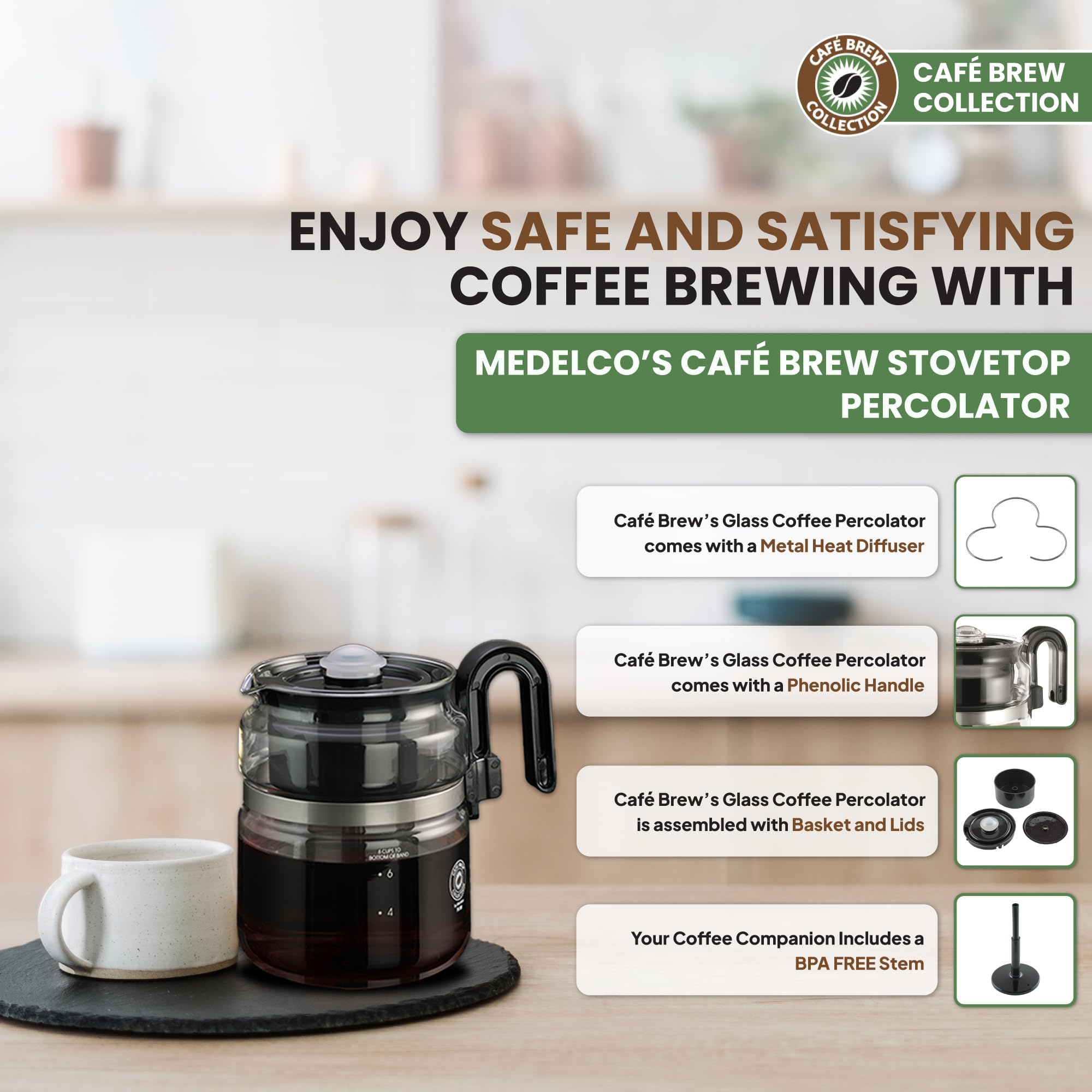 Caf   Brew Collection 8-Cup Glass Stovetop Percolator Coffee Pot - Borosilicate Glass Coffee Percolator - Bpa Free - Dishwasher