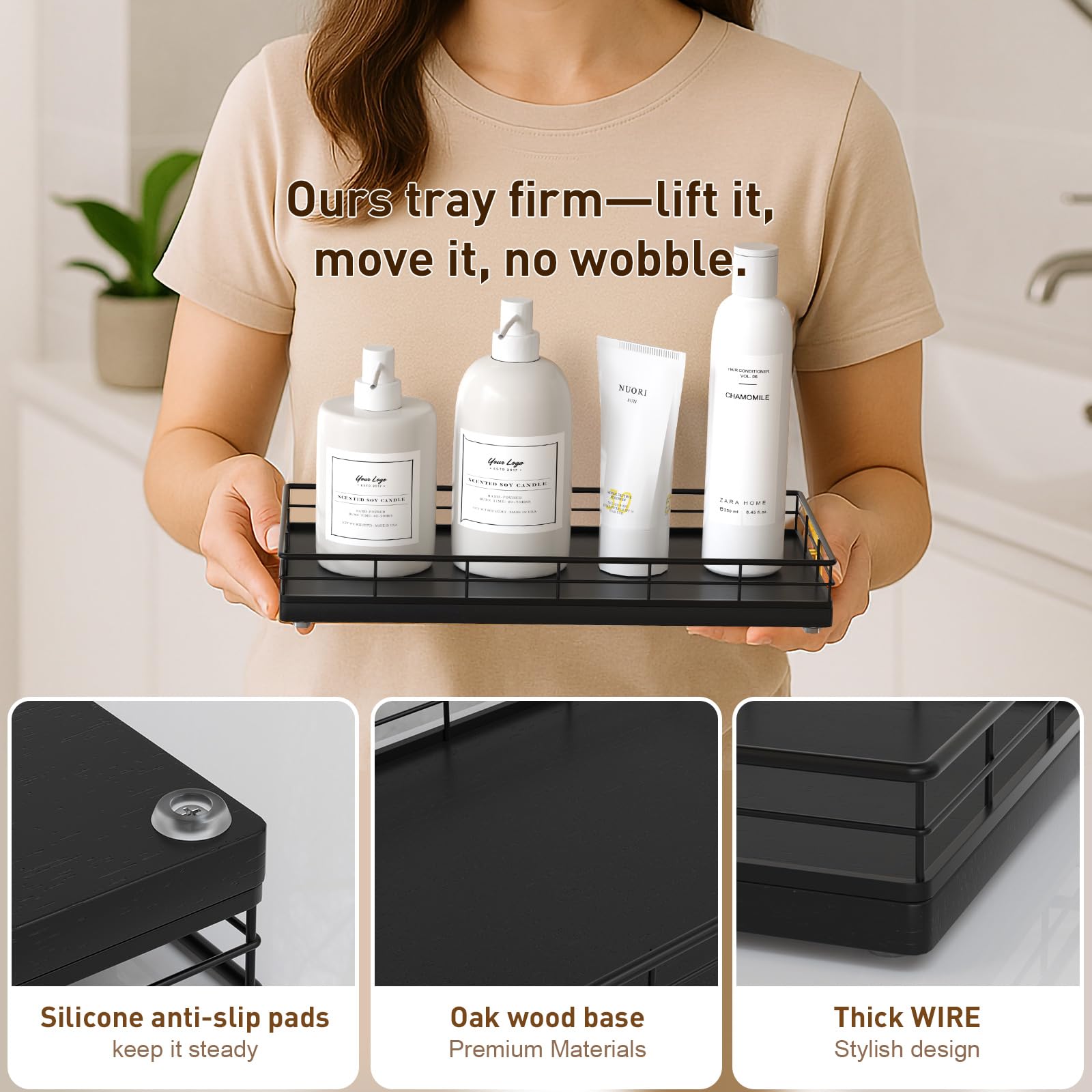 Toilet Paper Basket Organizer - Oak Wood Toilet Tank Tray with Metal Frame, Back of Tank or Top Bathroom Counter Storage - Black