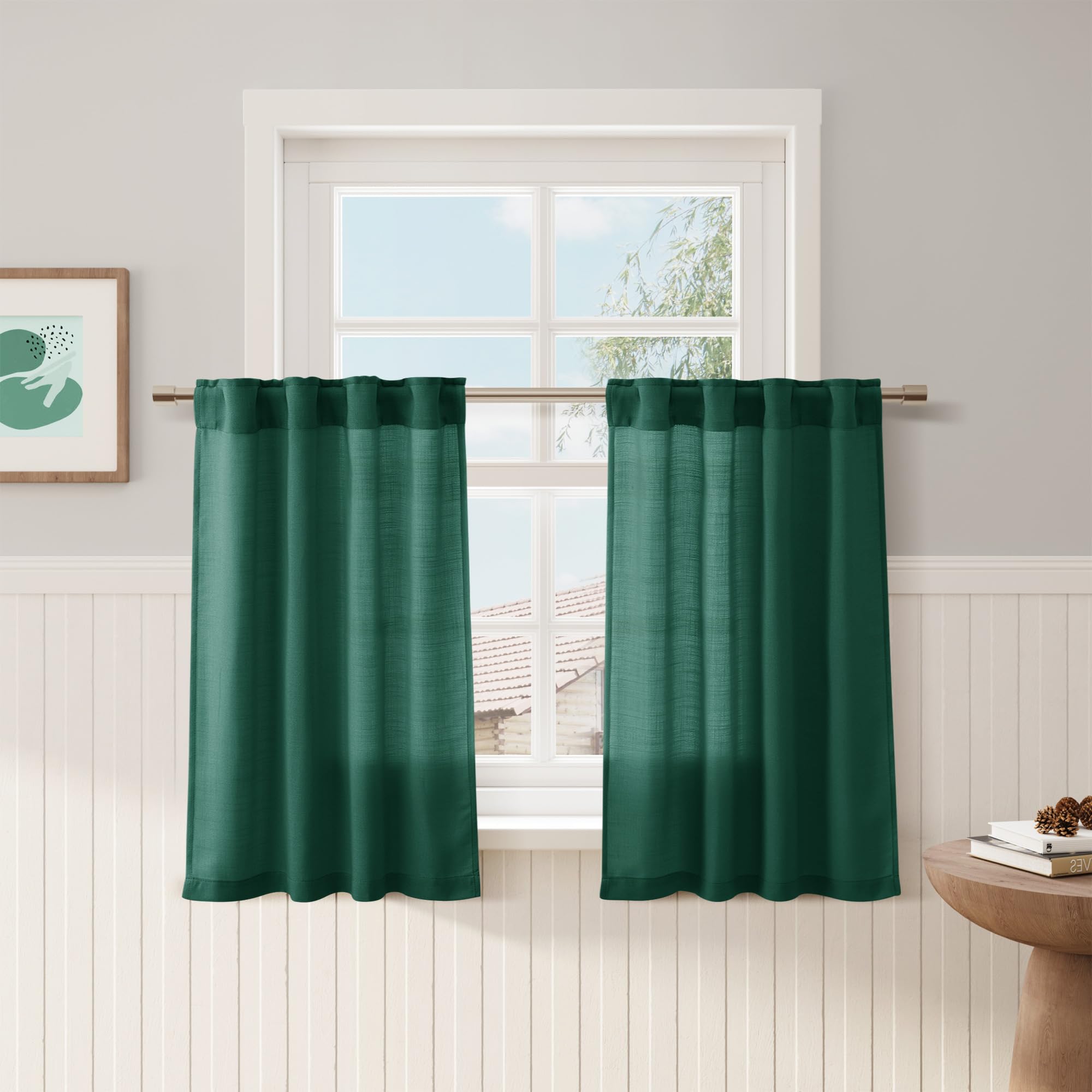 Dark Green Linen Kitchen Curtains 36 Inch Length 2 Pack Light Filtering Semi Industrial Style Transparent Linen Blend Short Drap